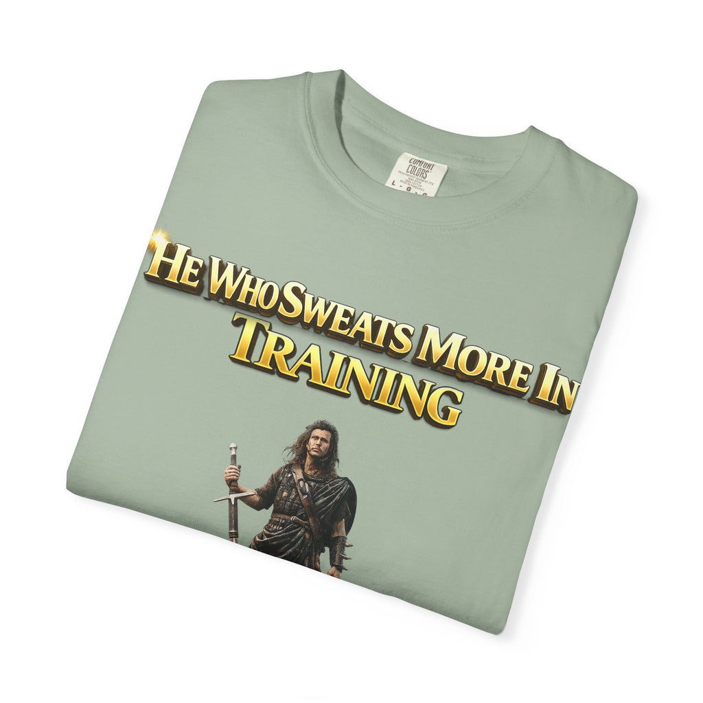 Training Warrior T-Shirt — "He Who Sweats More in Training Bleeds Less in Battle" Printify