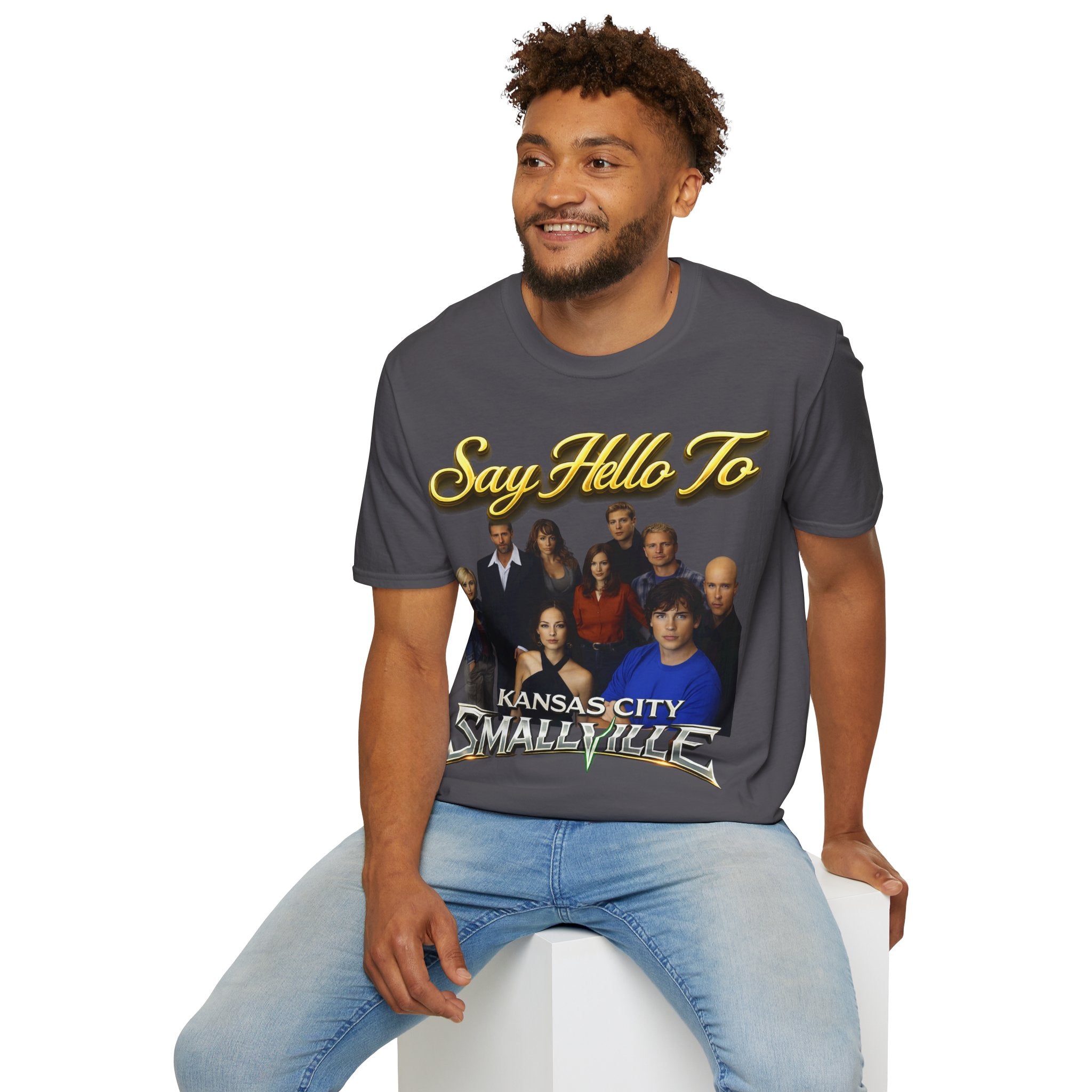 Smallville Cast T-Shirt – "Say Hello To" Kansas City Retro TV Logo Printify