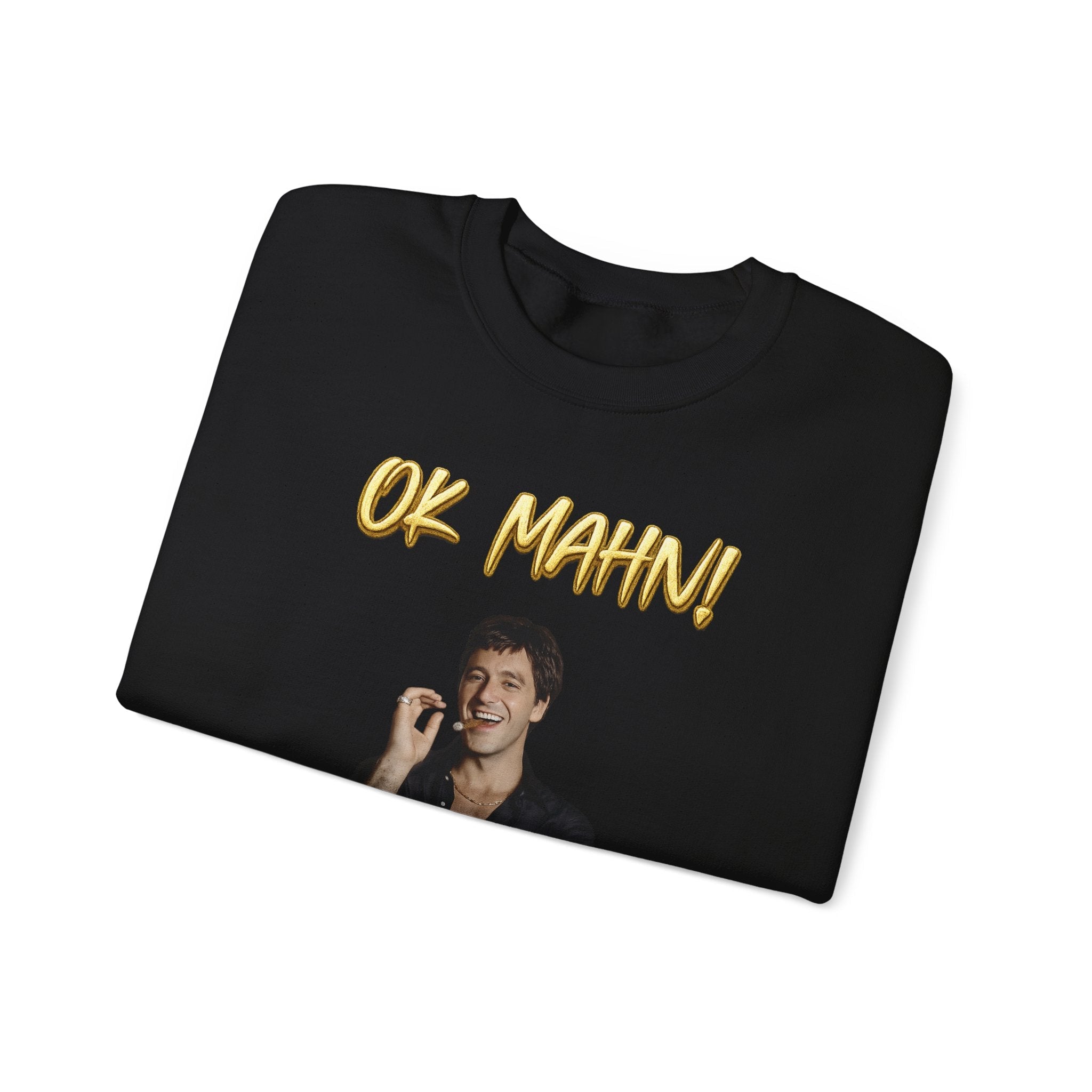 Crewneck Sweatshirt — 'Ok Mahn!' Gold Script Minimalist Streetwear Printify