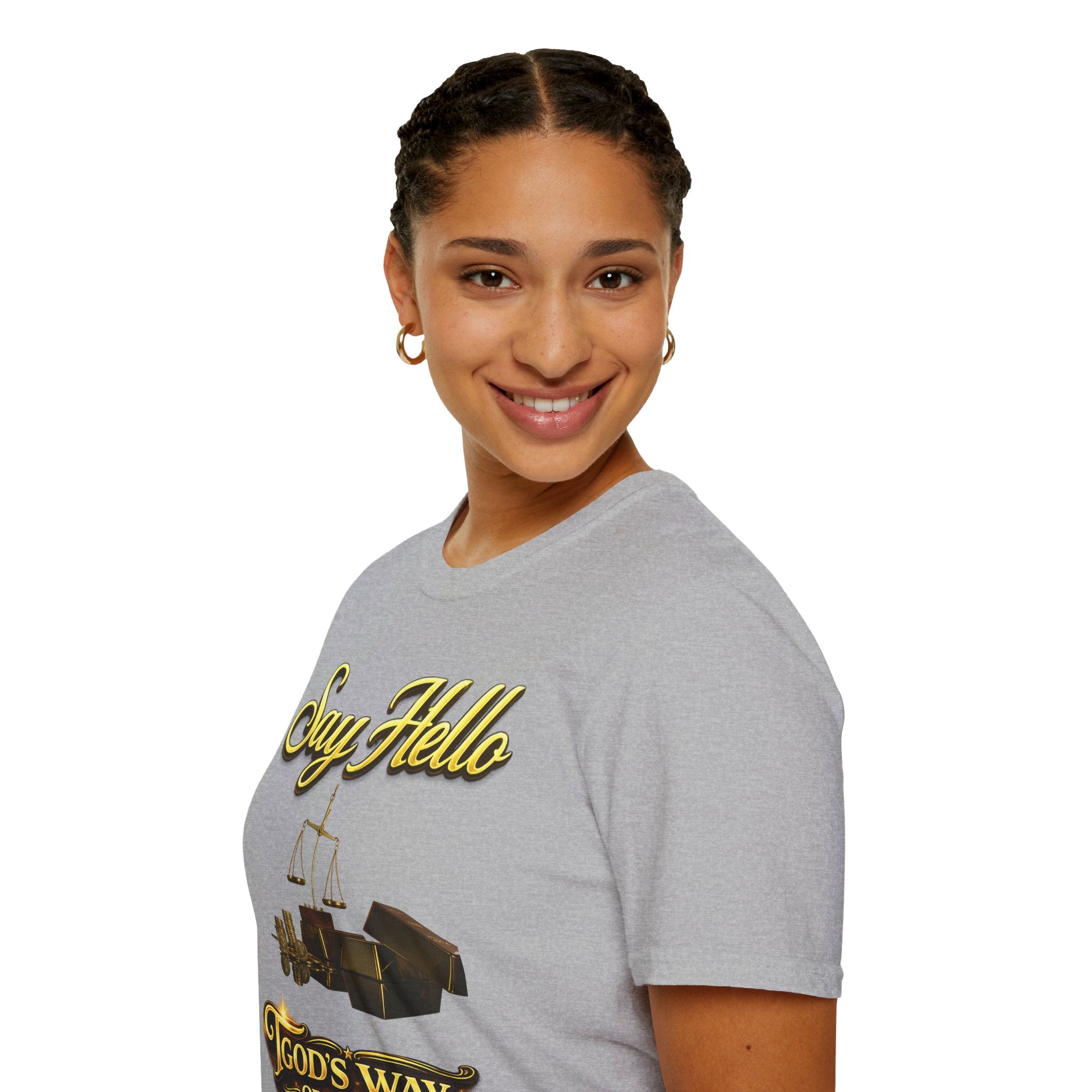T-Shirt — "Say Hello" Money & Faith Graphic Tee (God's Way You Make Too Much Money) Printify