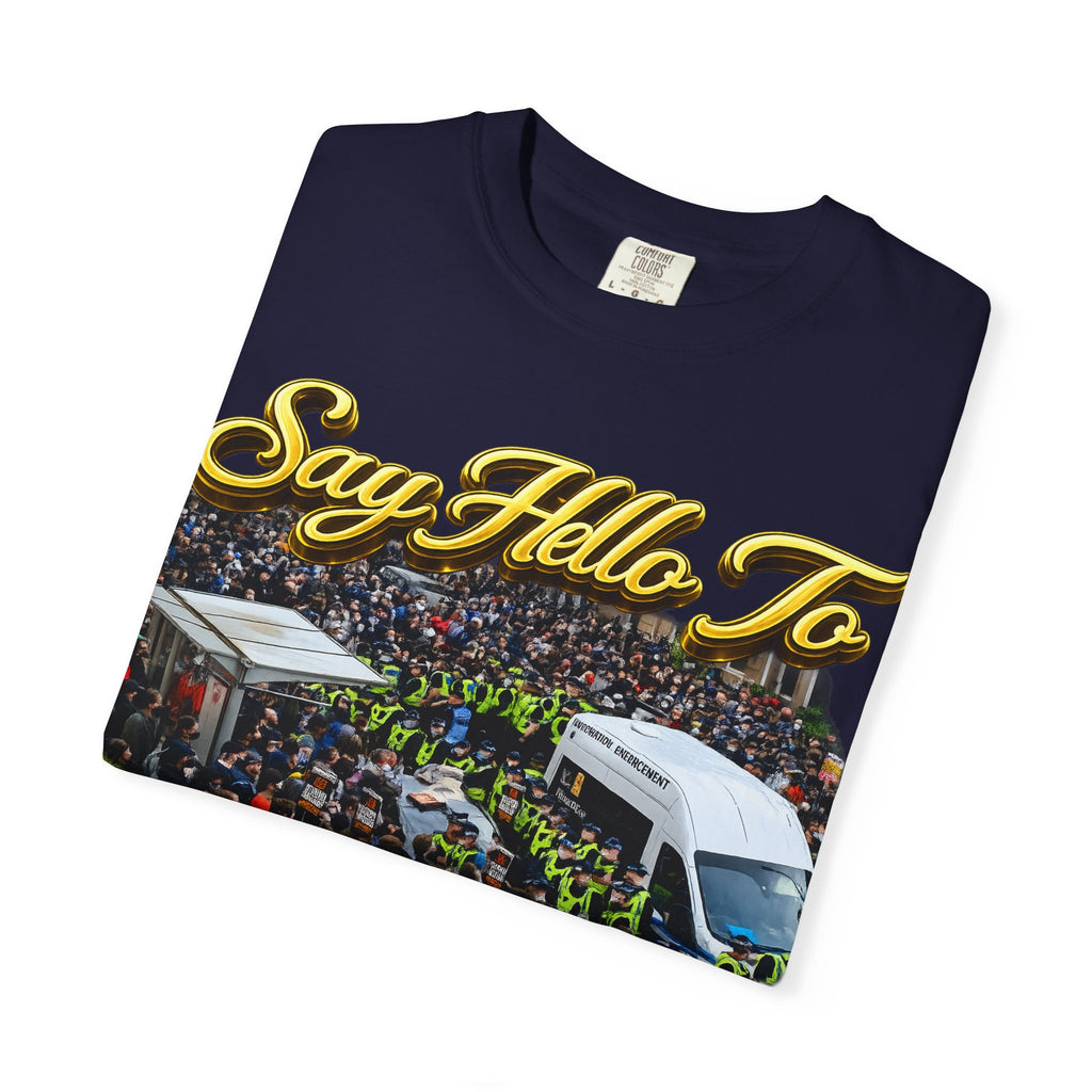 Graphic T-Shirt — "Say Hello to Scotland: Send Them Home" Protest Design Printify
