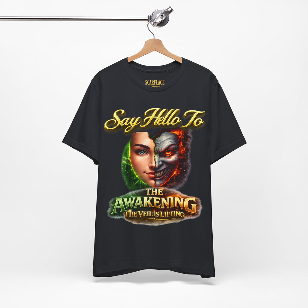 Horror Mask Split Face Tee — "Say Hello To Your Family and Friends" Graphic T-Shirt Printify