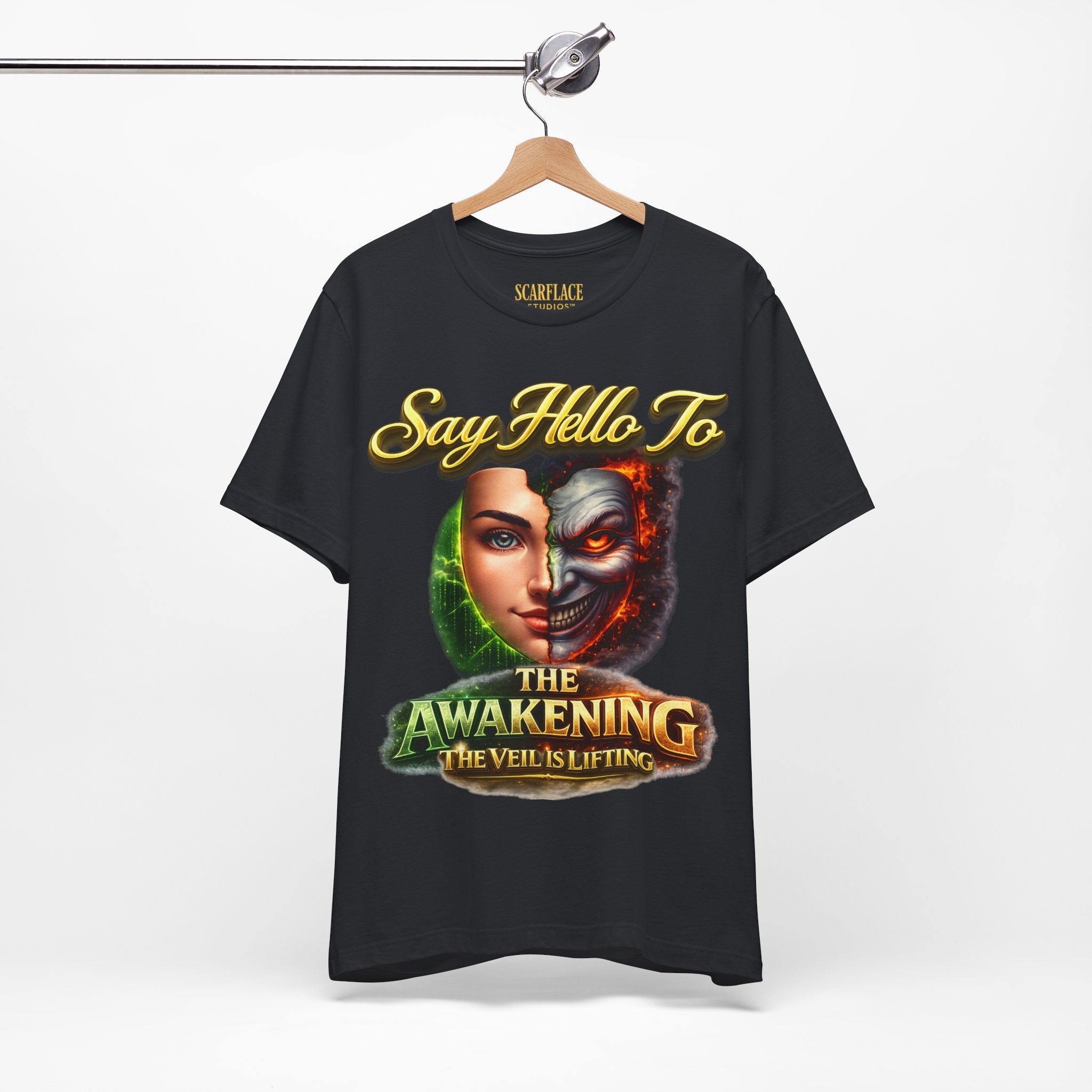 Horror Mask Split Face Tee — "Say Hello To Your Family and Friends" Graphic T-Shirt Printify