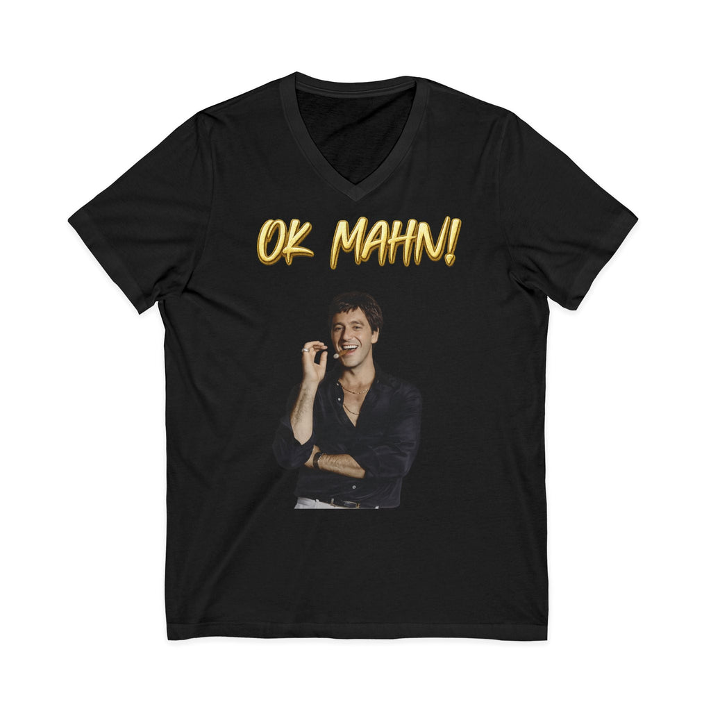 OK Mahn! V-Neck Tee — Vintage Laugh Meme T-Shirt Scarflace Studios Printify