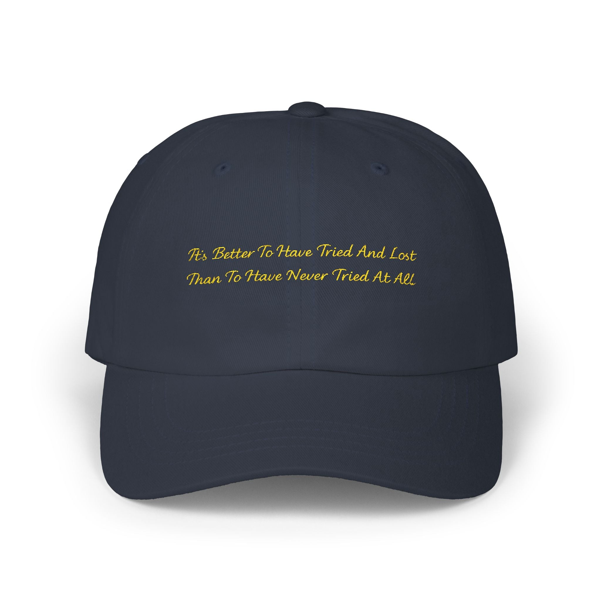 Embroidered Gold Script Dad Cap — Minimal White Baseball Hat Printify