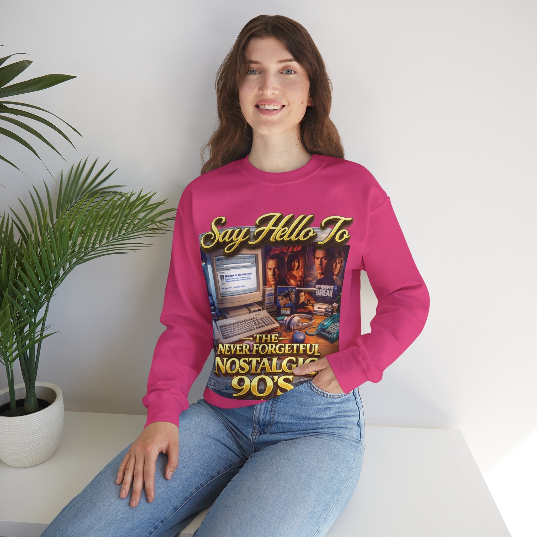90s Nostalgia Crewneck Sweatshirt – "Say Hello To The Never Forgetful Nostalgic 90's" Printify