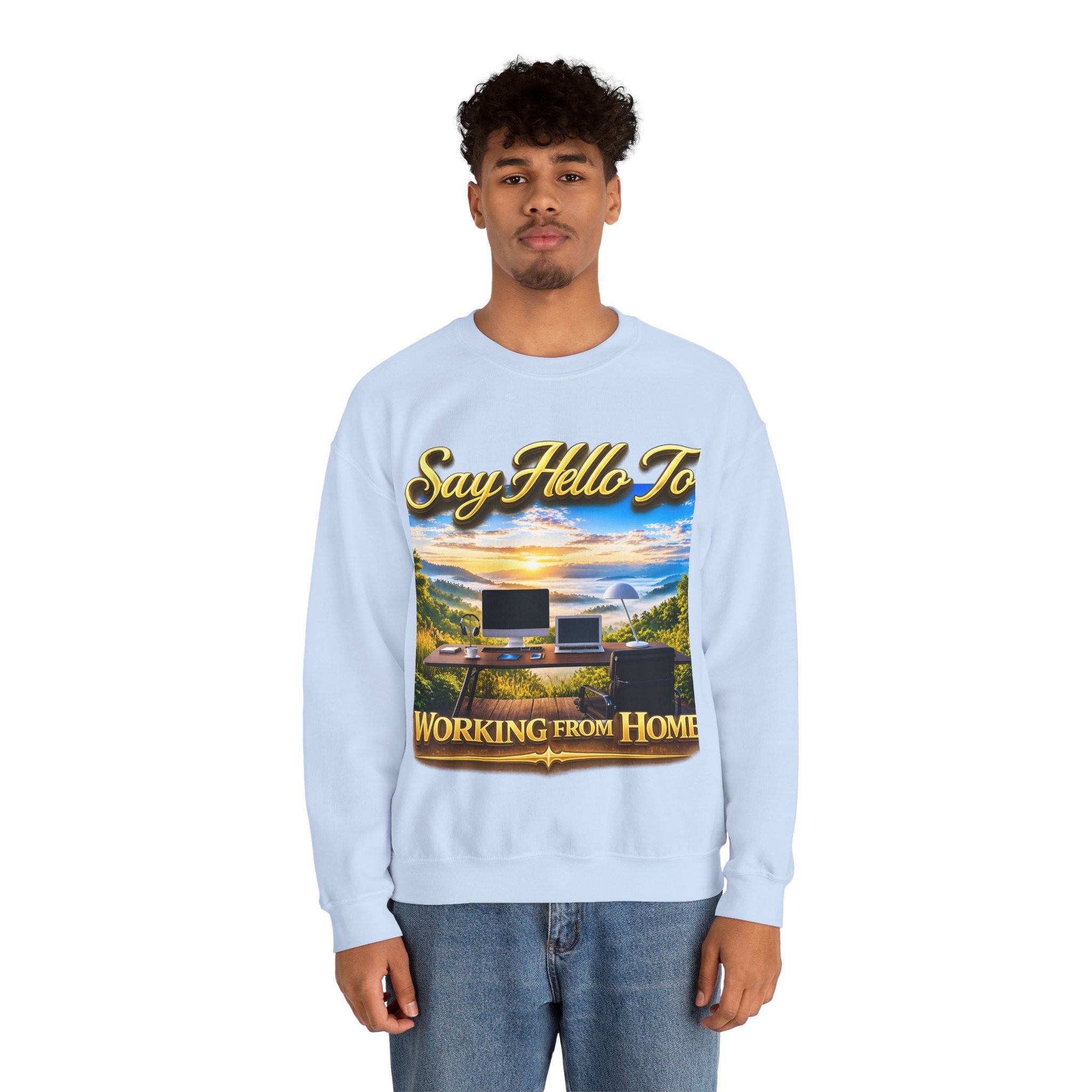 Working From Home Sweatshirt – "Say Hello To" Scenic Home Office Crewneck Printify