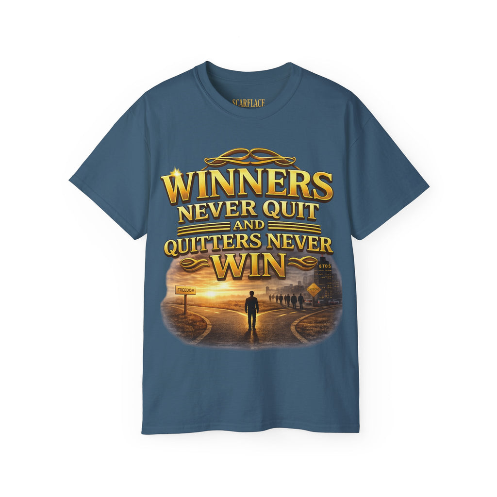 Winners Never Quit Inspirational Tee — Motivational Quote Shirt Printify