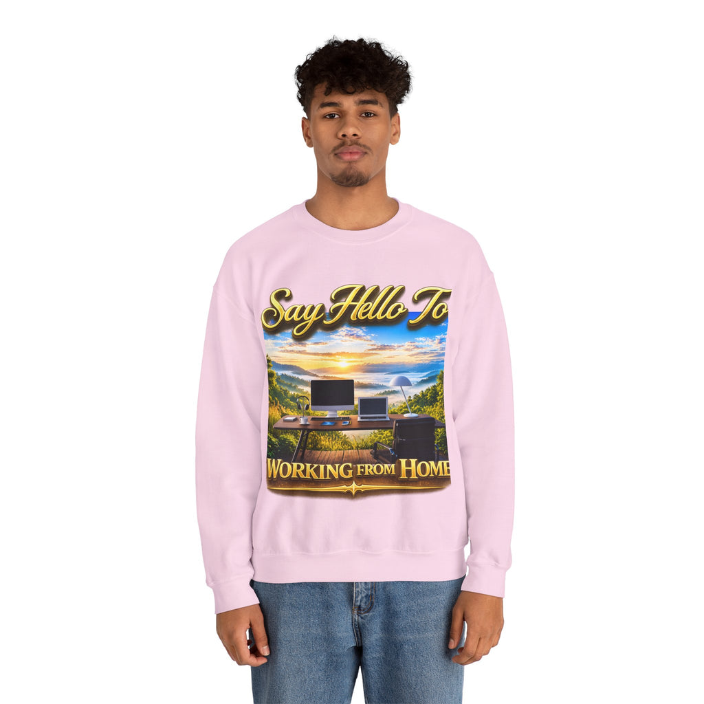 Working From Home Sweatshirt – "Say Hello To" Scenic Home Office Crewneck Printify