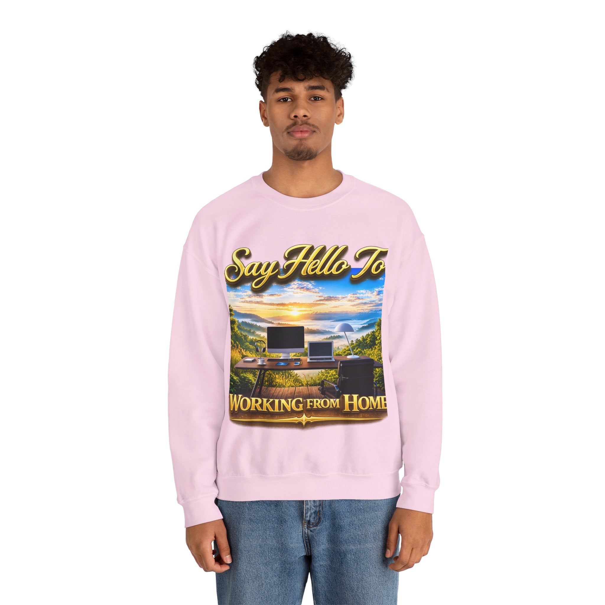 Working From Home Sweatshirt – "Say Hello To" Scenic Home Office Crewneck Printify