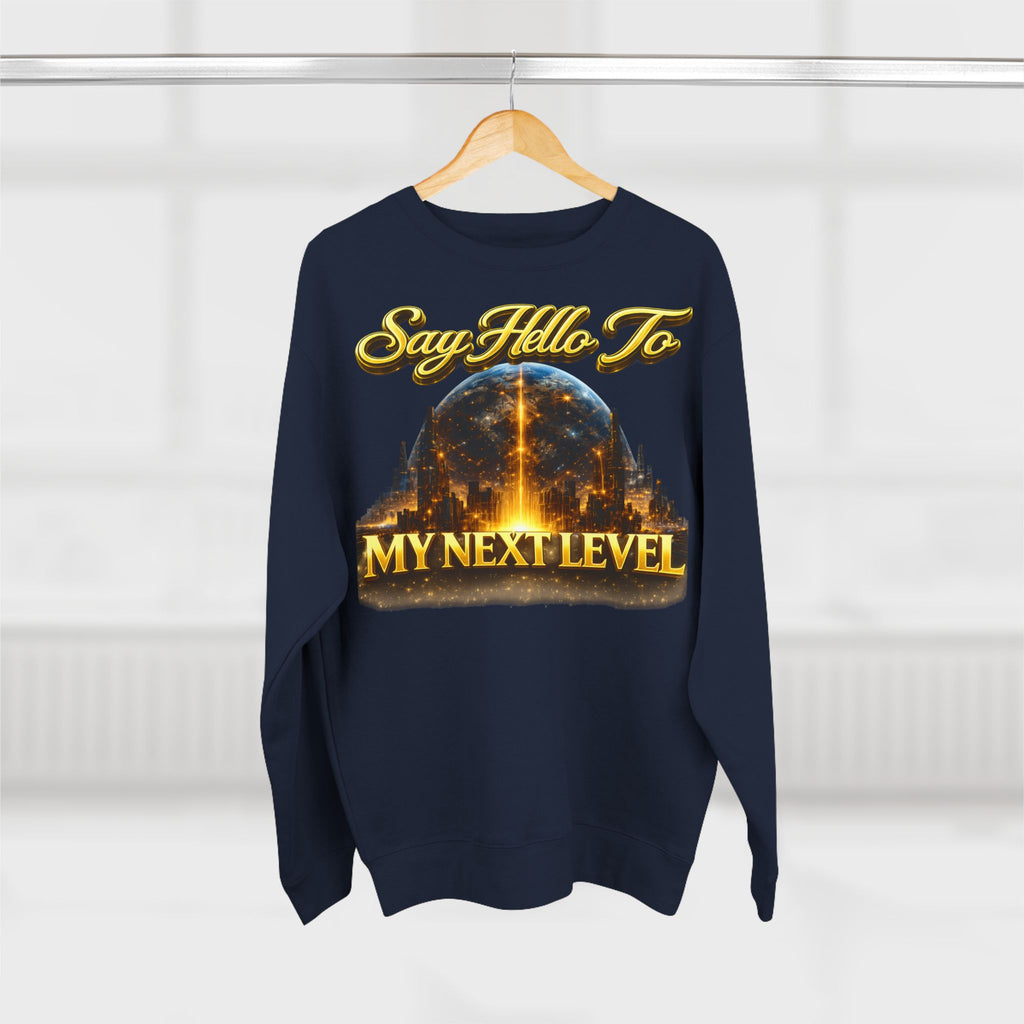 Crewneck Sweatshirt — "Say Hello to My Next Level" Golden Sci‑Fi City Graphic Printify