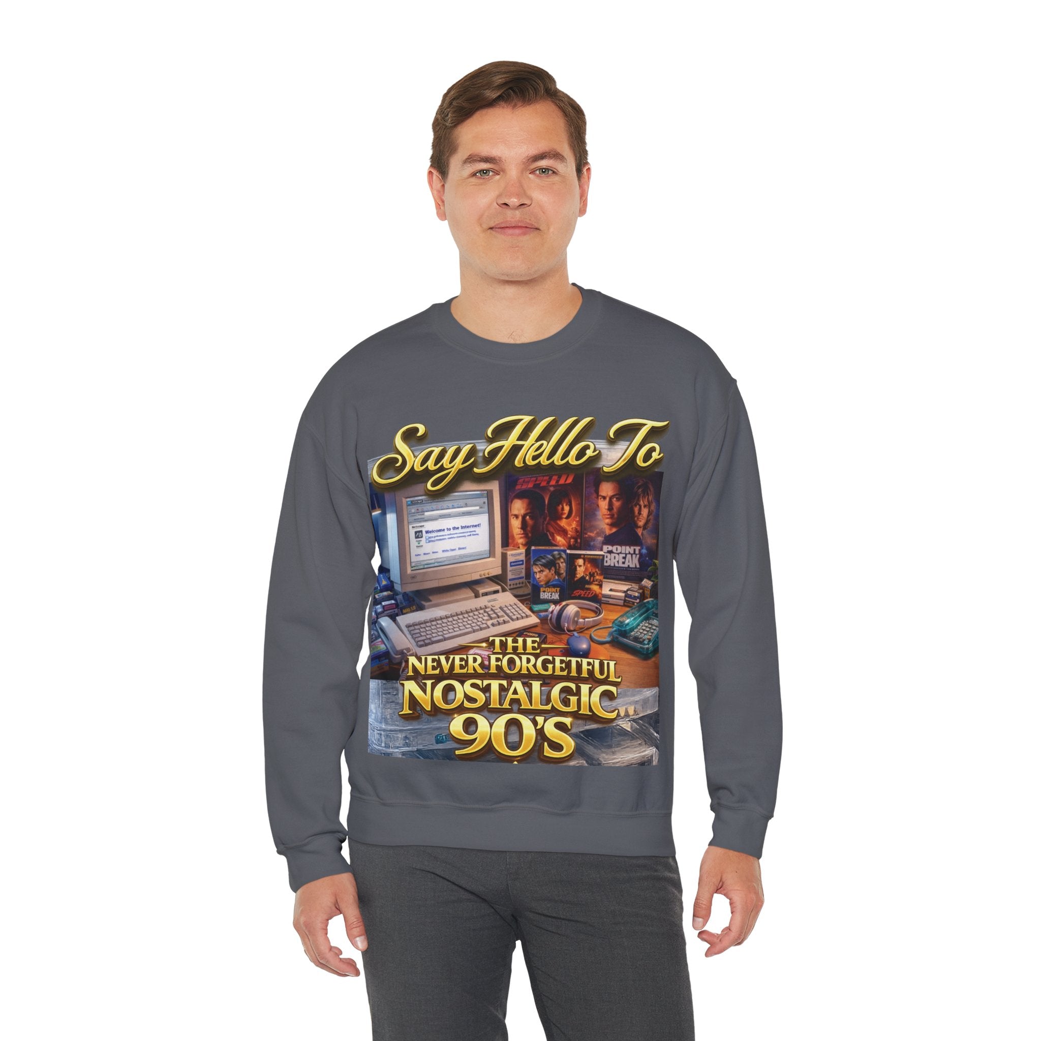 90s Nostalgia Crewneck Sweatshirt – "Say Hello To The Never Forgetful Nostalgic 90's" Printify