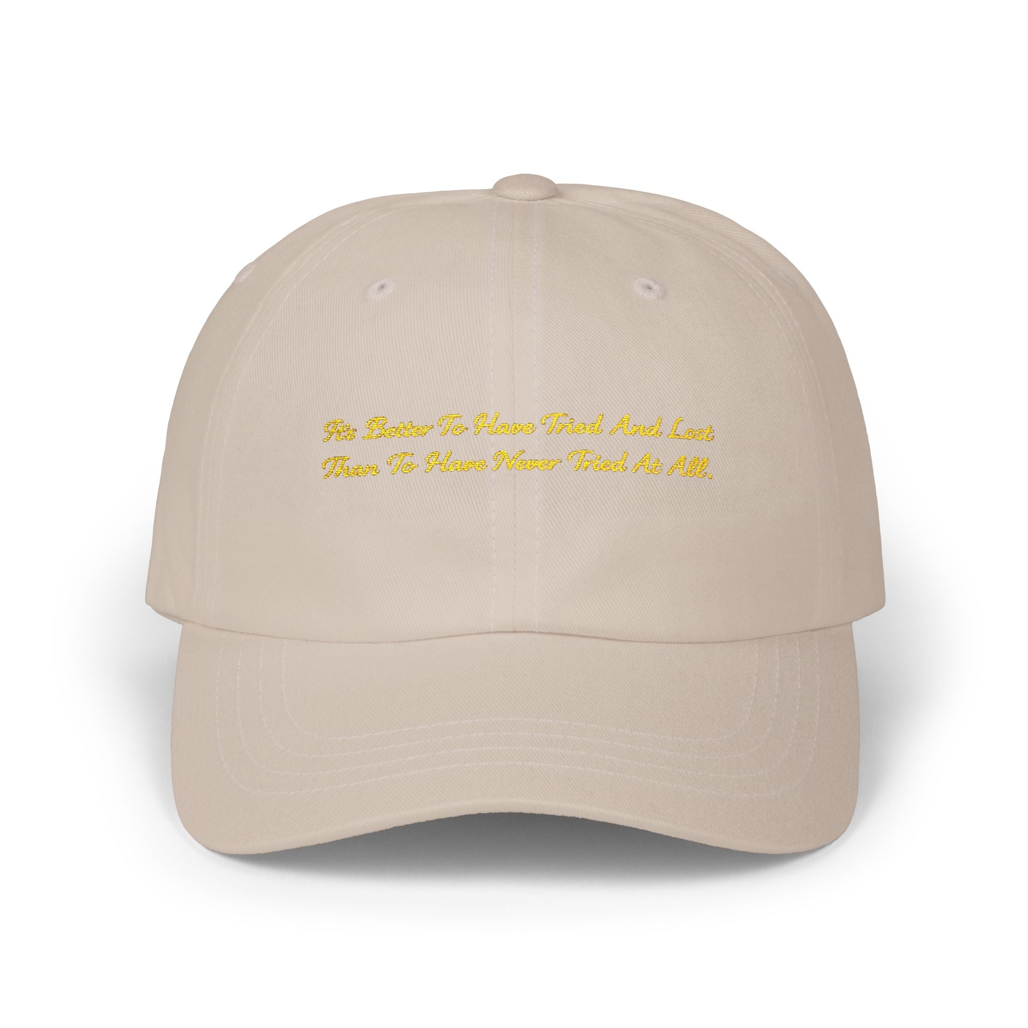 Gold Script "Dad" Cap — Minimal White Baseball Hat Printify