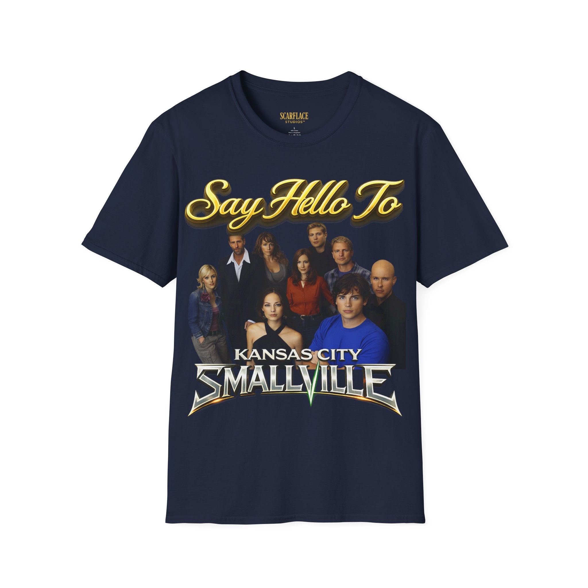 Smallville Cast T-Shirt – "Say Hello To" Kansas City Retro TV Logo Printify