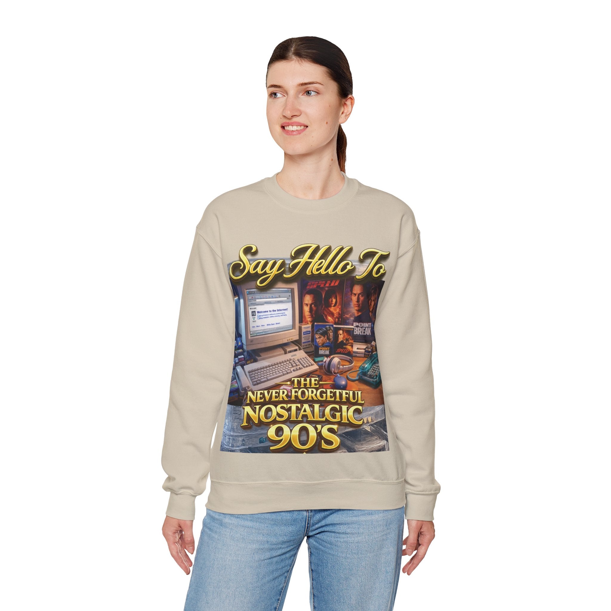 90s Nostalgia Crewneck Sweatshirt – "Say Hello To The Never Forgetful Nostalgic 90's" Printify