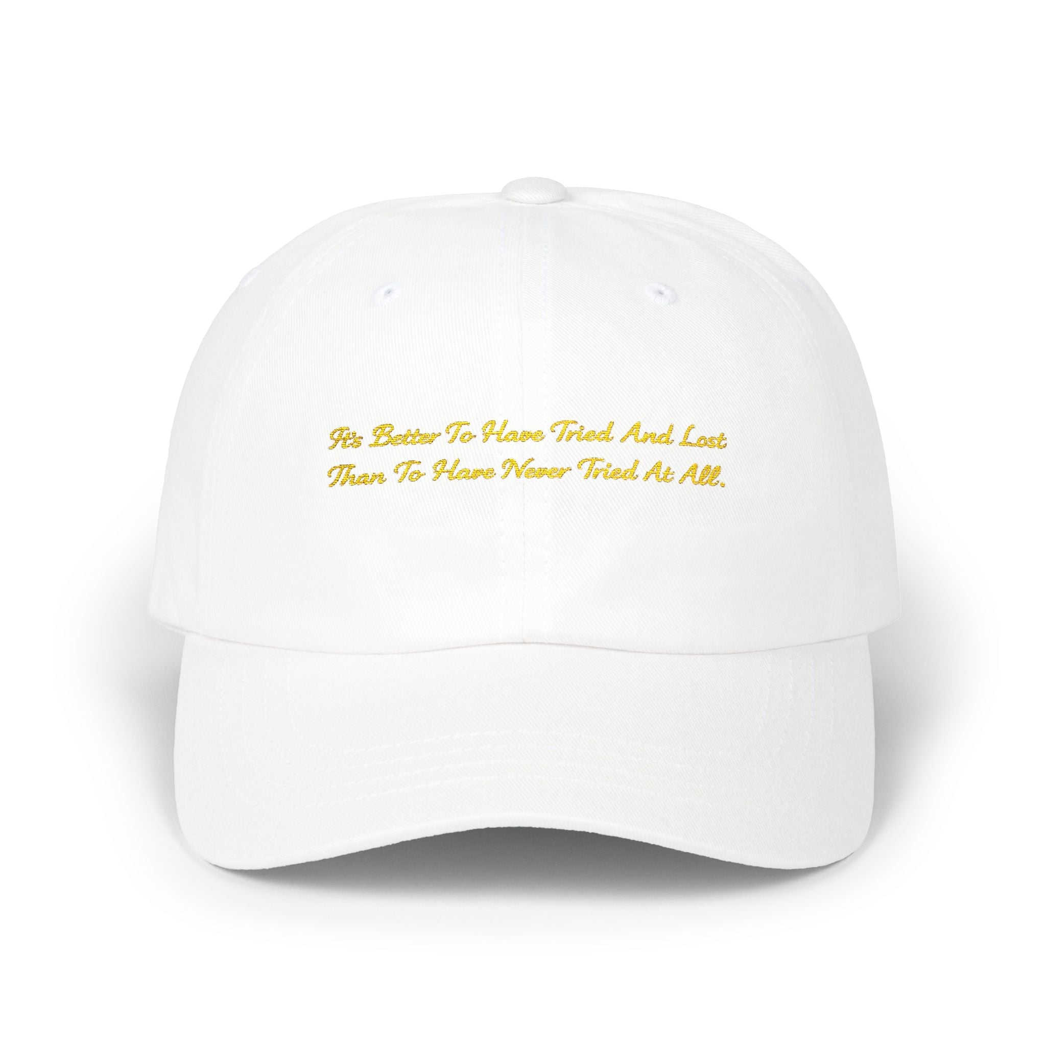 Gold Script "Dad" Cap — Minimal White Baseball Hat Printify