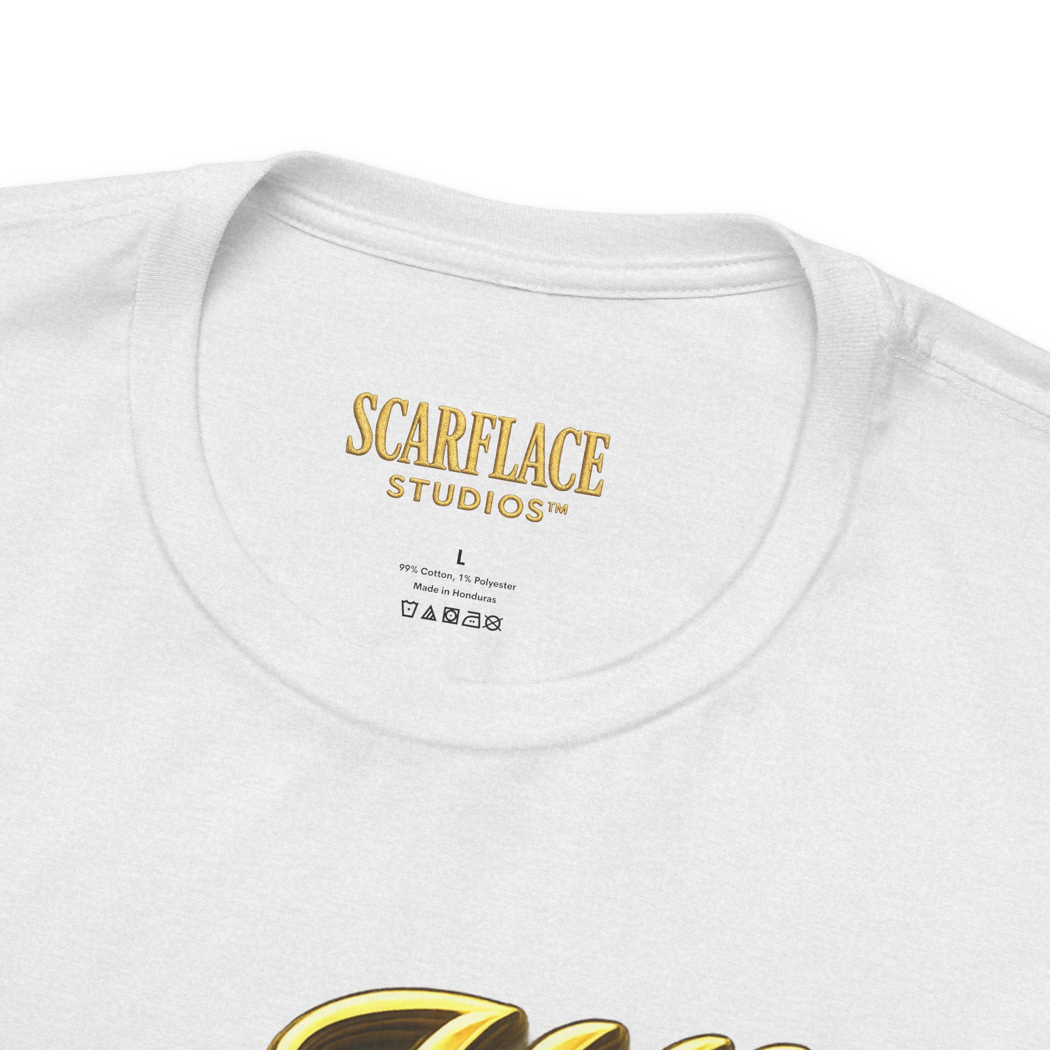 Horror Mask Split Face Tee — "Say Hello To Your Family and Friends" Graphic T-Shirt Printify