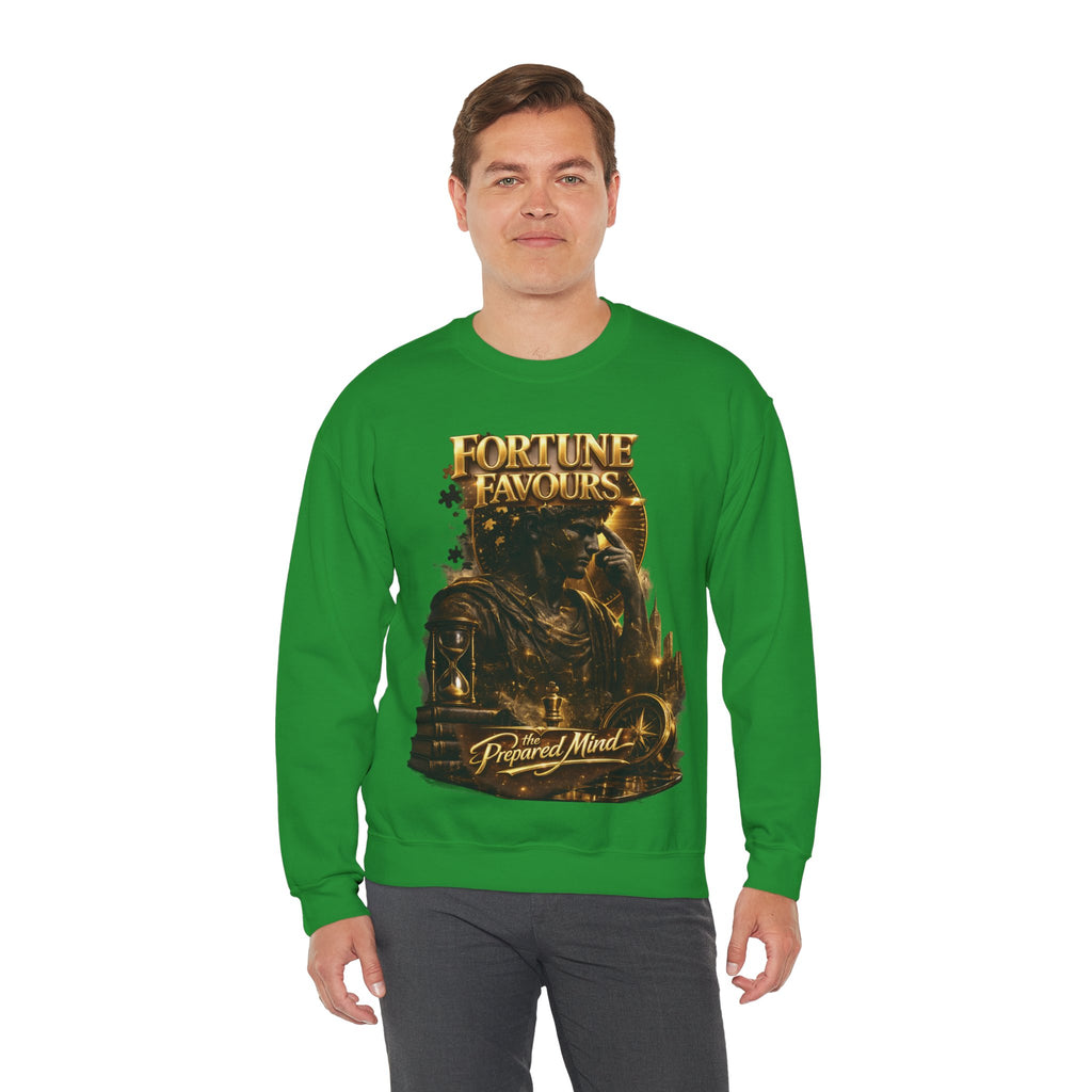 Crewneck Sweatshirt — "Fortune Favors the Prepared Mind" Motivational Design Printify