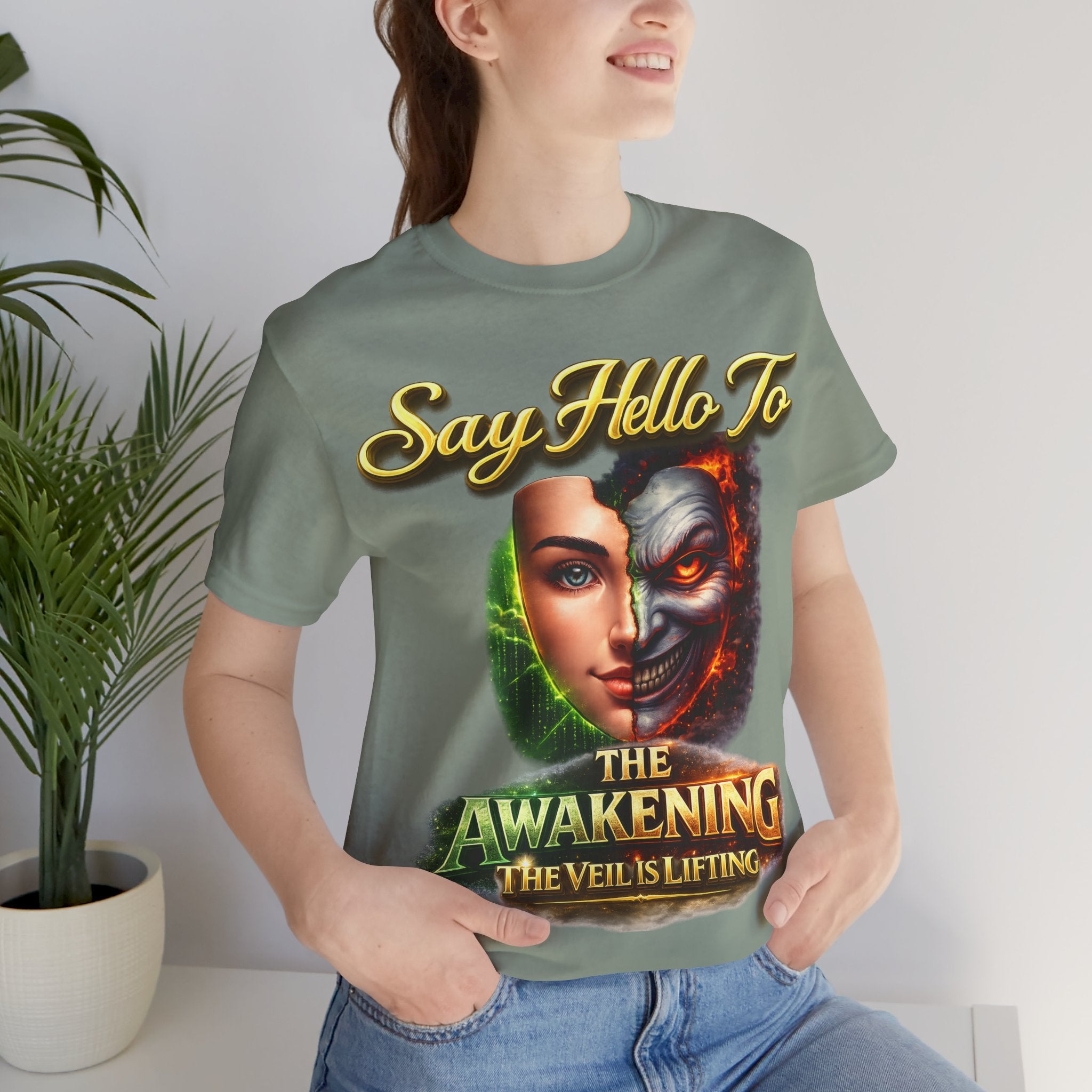 Horror Mask Split Face Tee — "Say Hello To Your Family and Friends" Graphic T-Shirt Printify