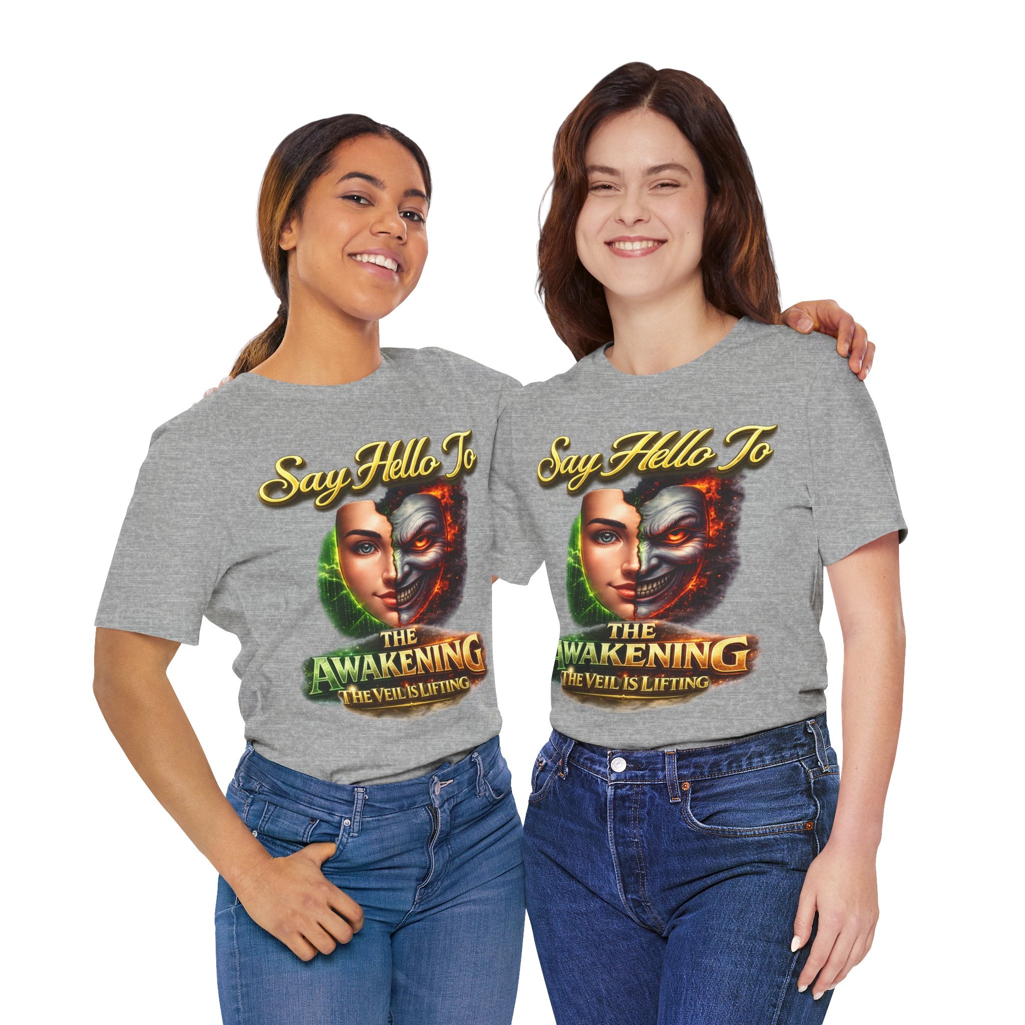Horror Mask Split Face Tee — "Say Hello To Your Family and Friends" Graphic T-Shirt Printify