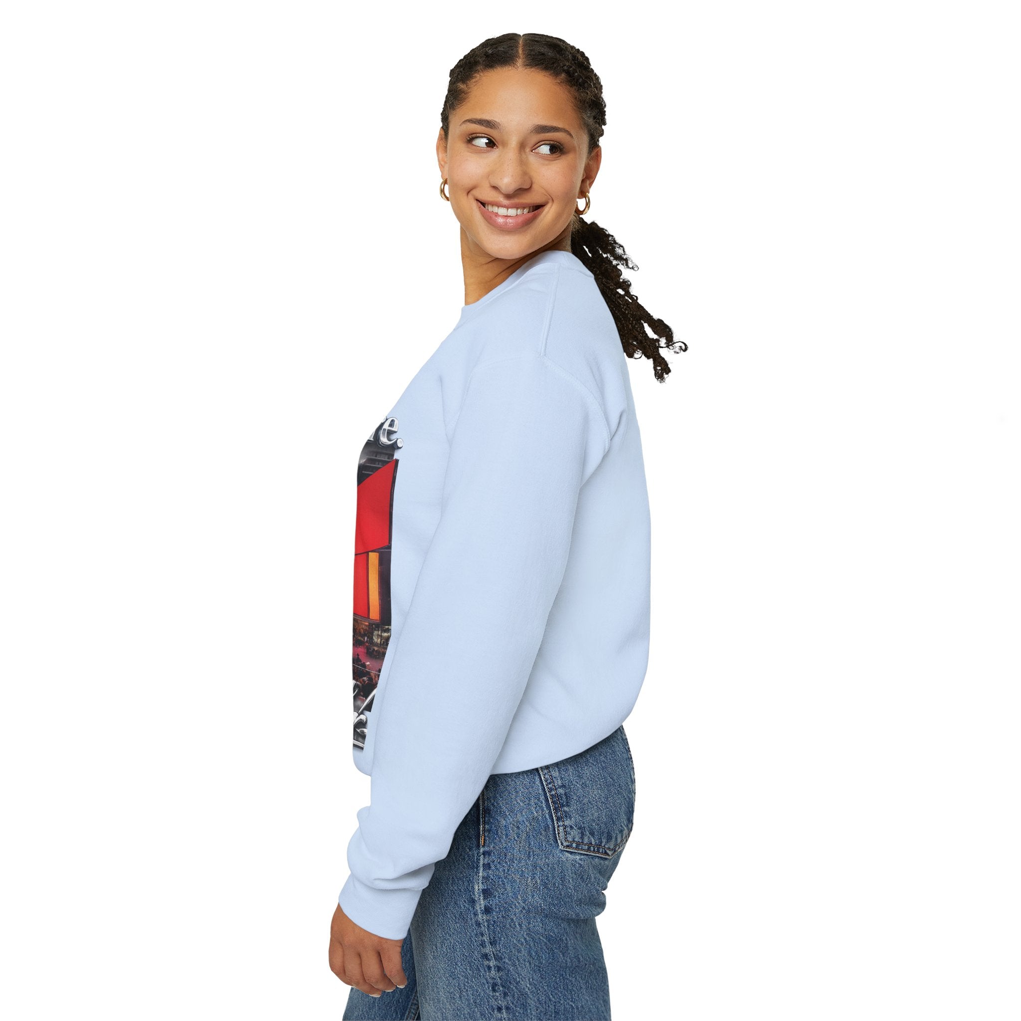 Crewneck Sweatshirt — Times Square Photo with Motivational Script “Nothing Out Here Helps You… That’s What Makes You Stronger” Printify