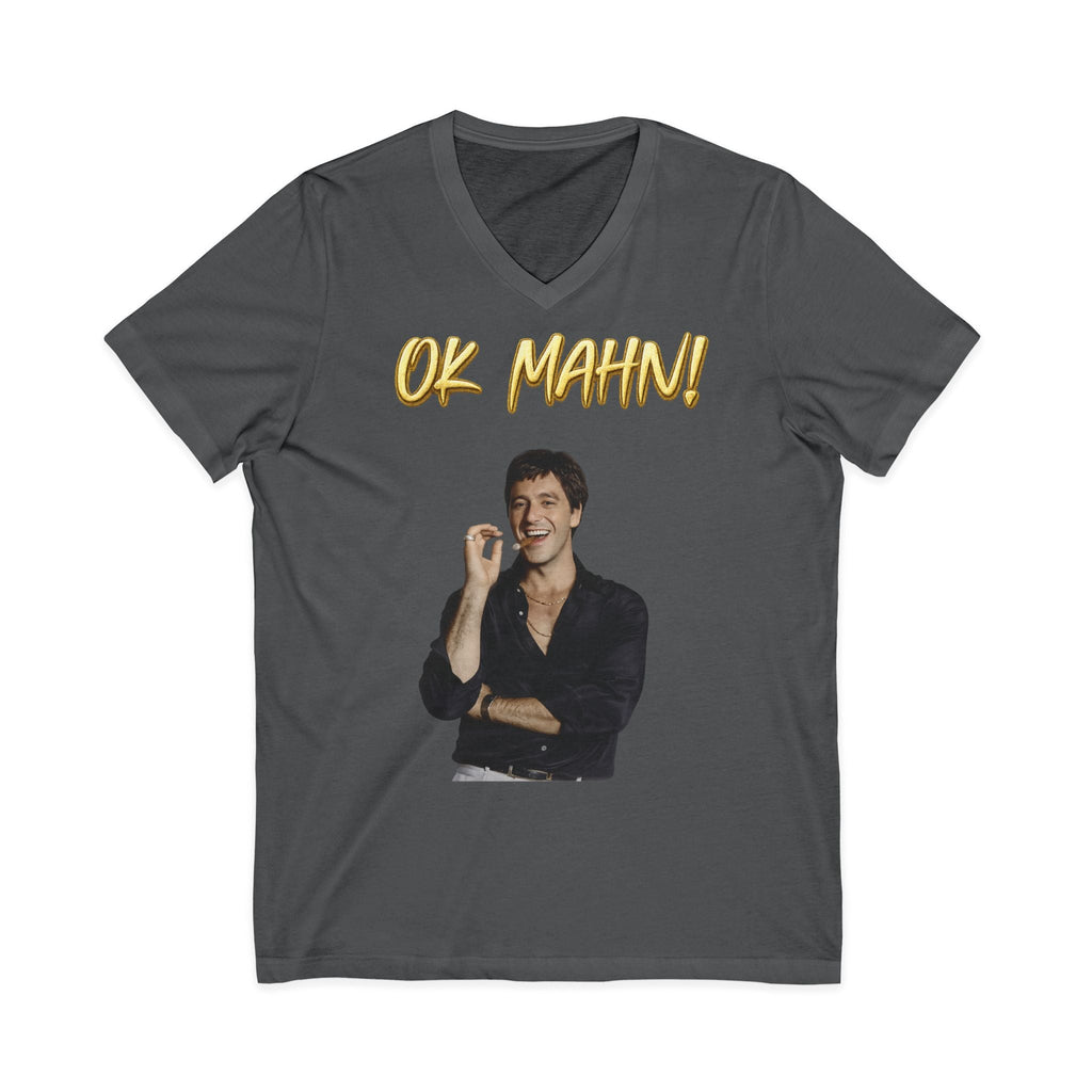 OK Mahn! V-Neck Tee — Vintage Laugh Meme T-Shirt Scarflace Studios Printify