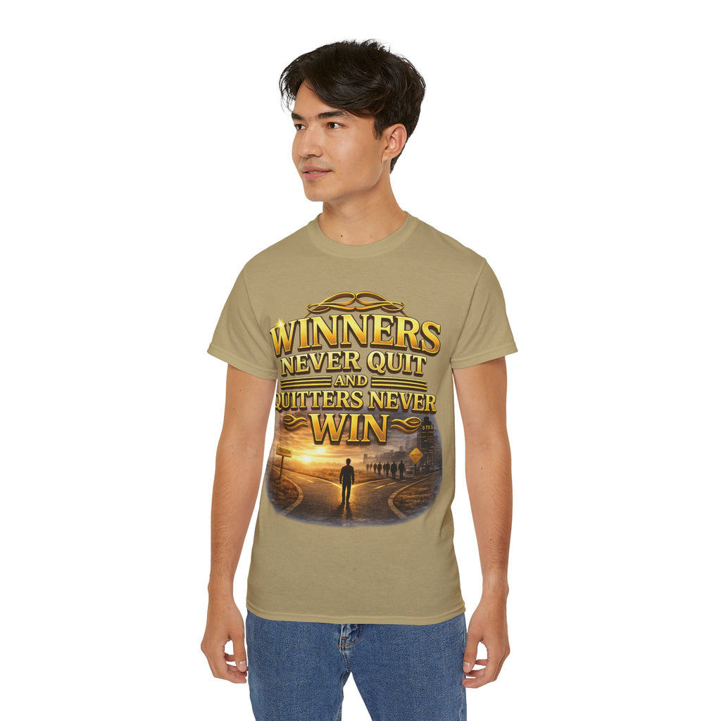 Winners Never Quit Inspirational Tee — Motivational Quote Shirt Printify