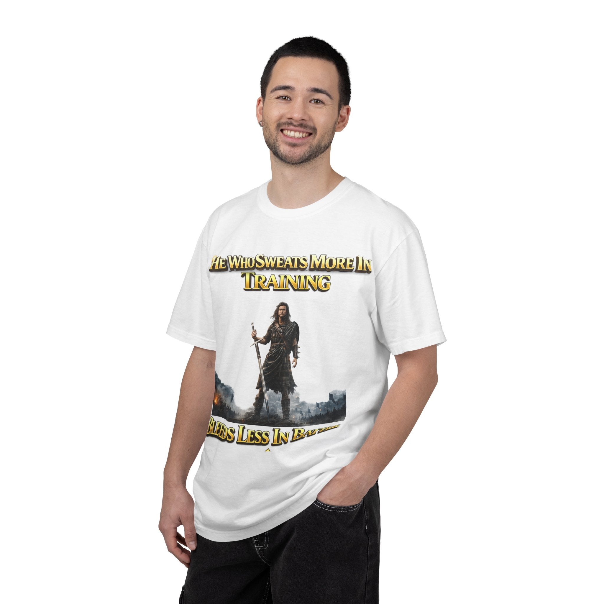 Training Warrior T-Shirt — "He Who Sweats More in Training Bleeds Less in Battle" Printify
