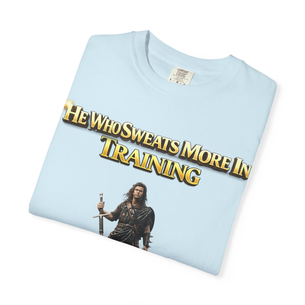 Training Warrior T-Shirt — "He Who Sweats More in Training Bleeds Less in Battle" Printify