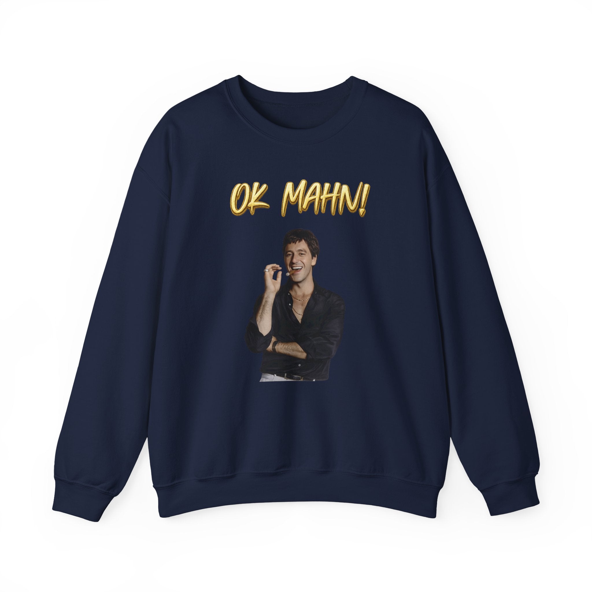 Crewneck Sweatshirt — 'Ok Mahn!' Gold Script Minimalist Streetwear Printify