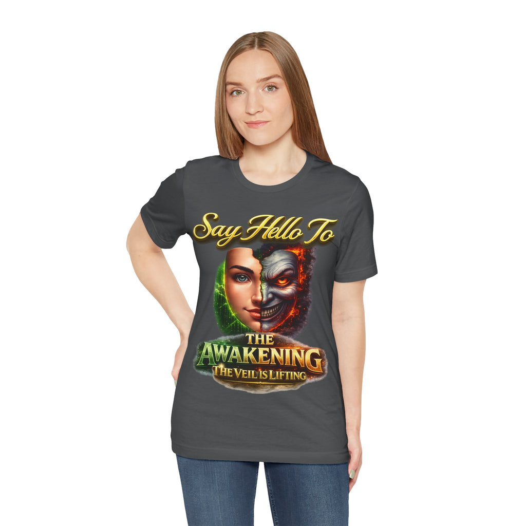 Horror Mask Split Face Tee — "Say Hello To Your Family and Friends" Graphic T-Shirt Printify