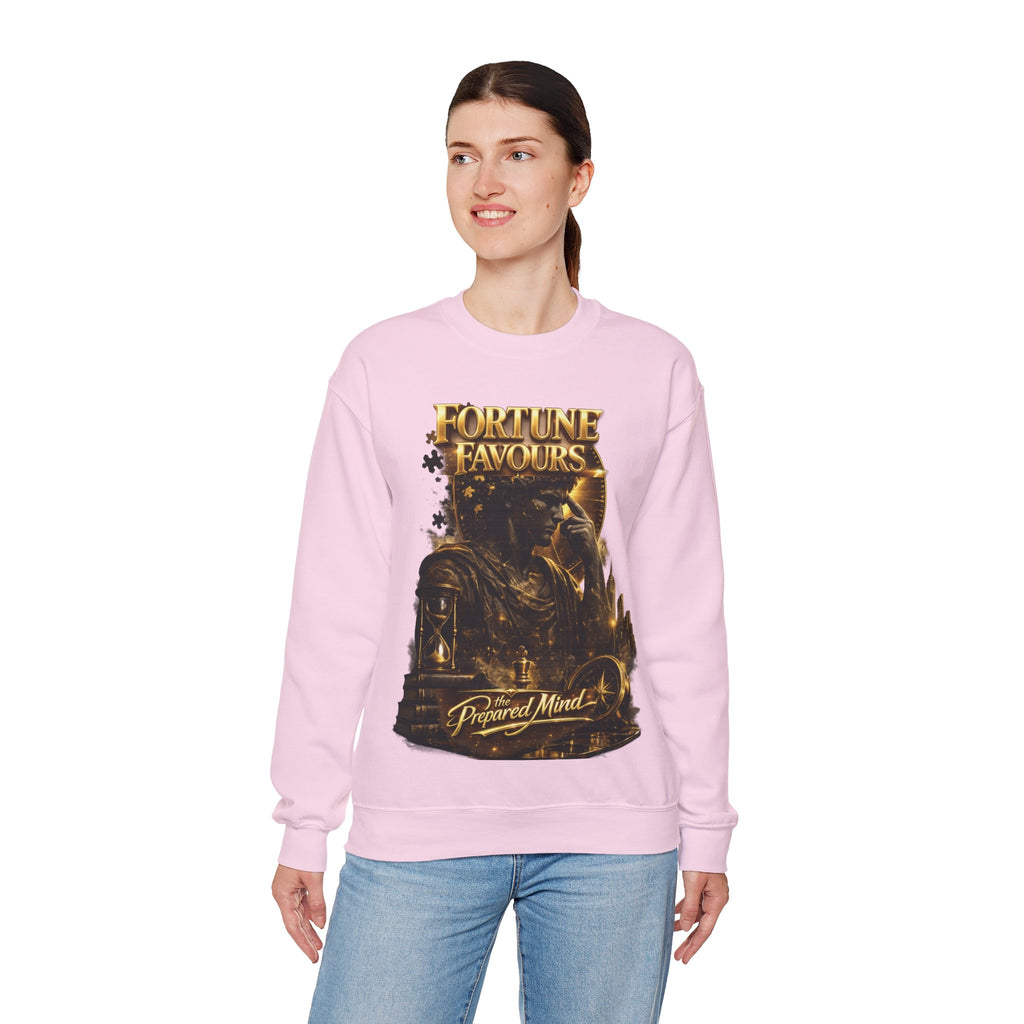 Crewneck Sweatshirt — "Fortune Favors the Prepared Mind" Motivational Design Printify