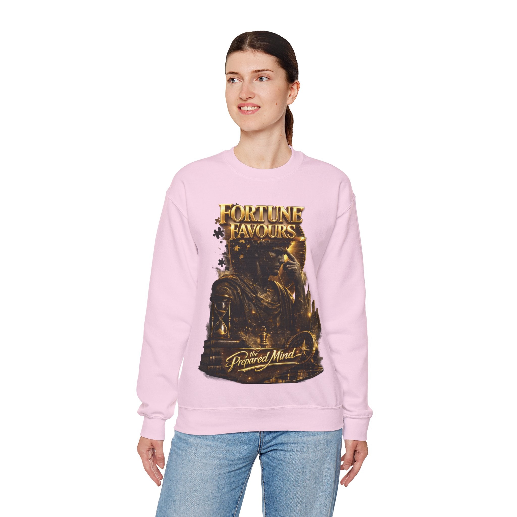 Crewneck Sweatshirt — "Fortune Favors the Prepared Mind" Motivational Design Printify
