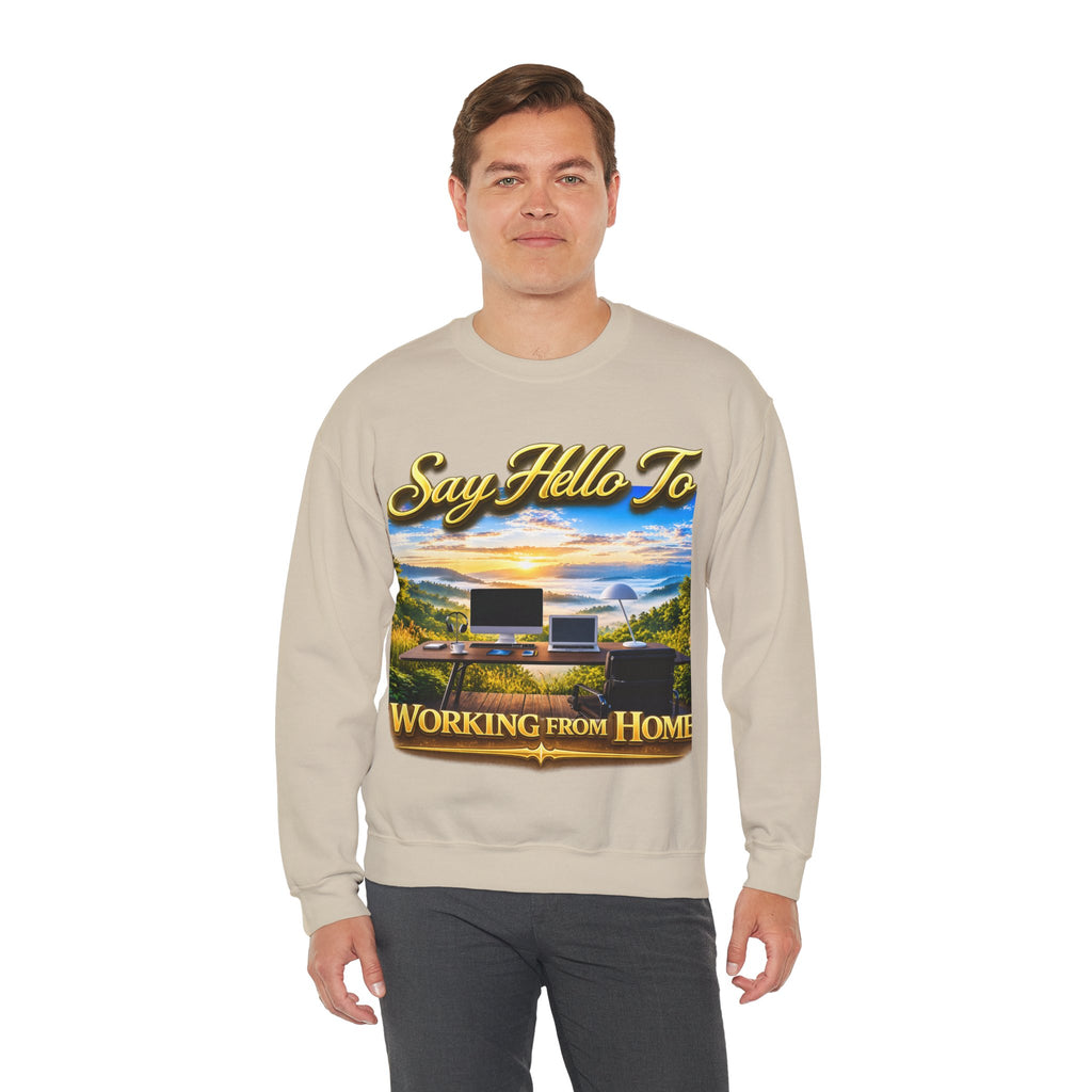 Working From Home Sweatshirt – "Say Hello To" Scenic Home Office Crewneck Printify