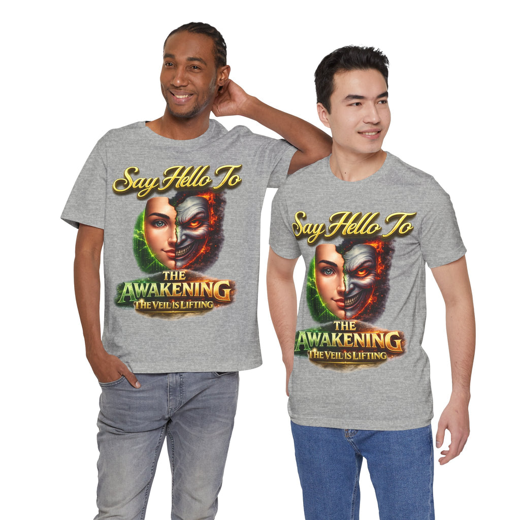 Horror Mask Split Face Tee — "Say Hello To Your Family and Friends" Graphic T-Shirt Printify