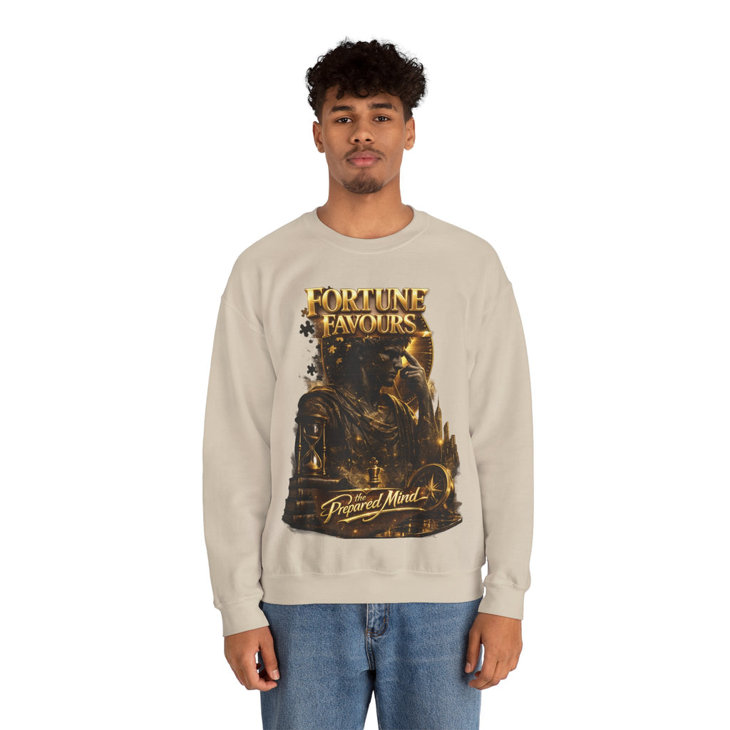 Crewneck Sweatshirt — "Fortune Favors the Prepared Mind" Motivational Design Printify
