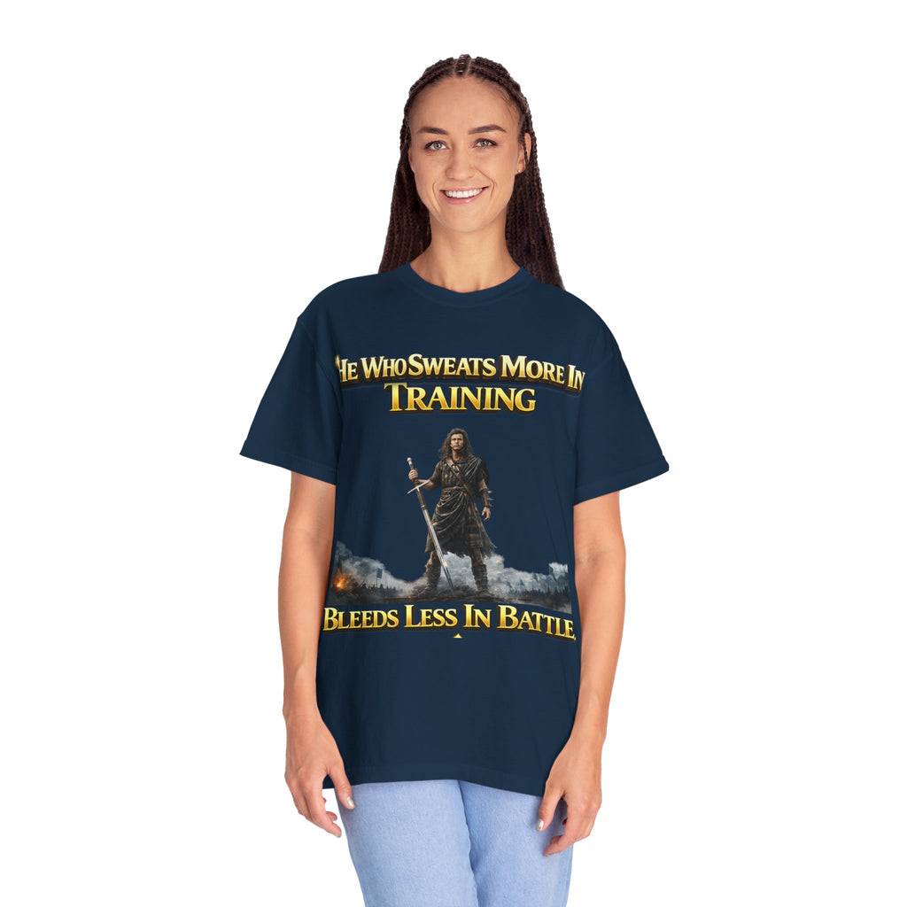 Training Warrior T-Shirt — "He Who Sweats More in Training Bleeds Less in Battle" Printify