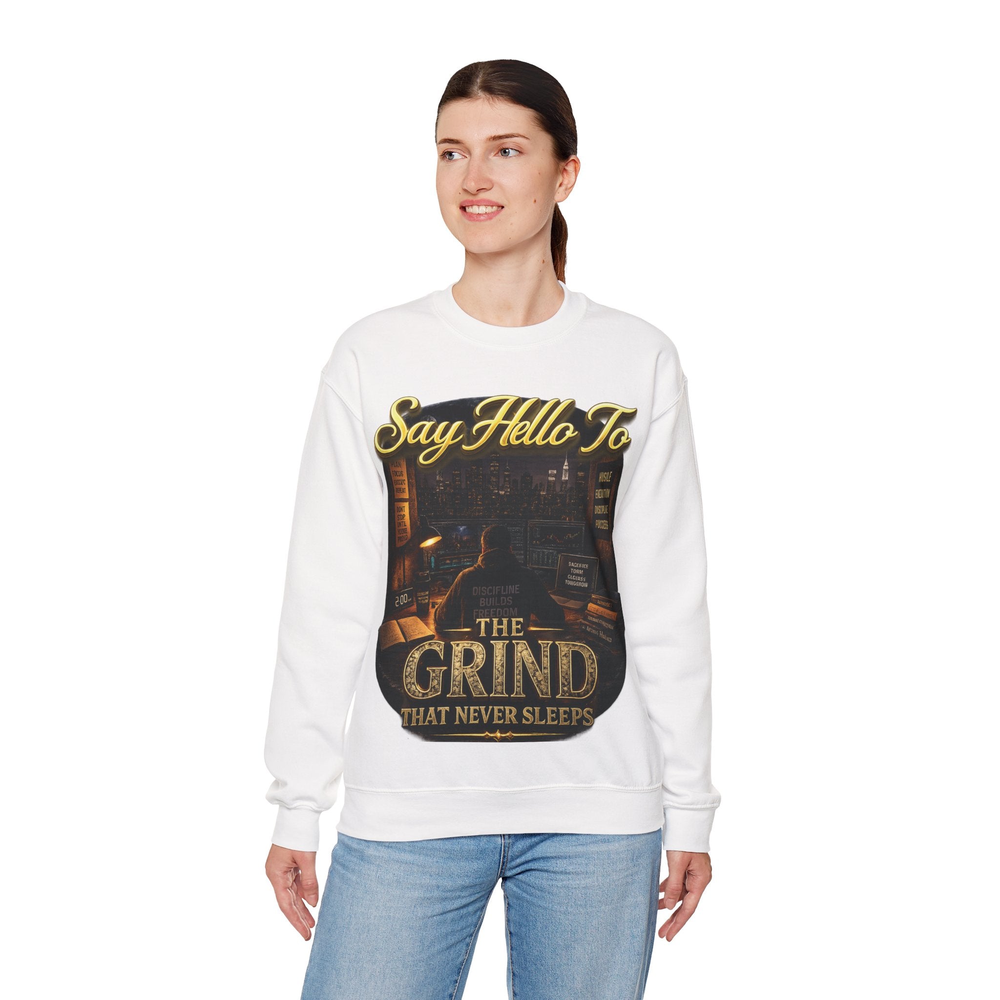 The Grind That Never Sleeps Crewneck Sweatshirt — Motivational Hustle Sweatshirt Printify