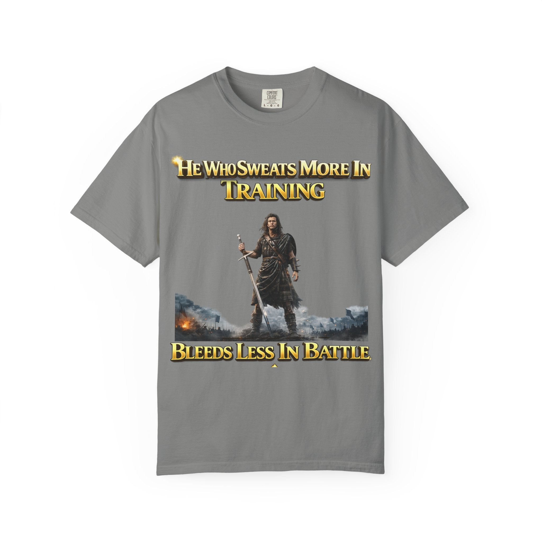Training Warrior T-Shirt — "He Who Sweats More in Training Bleeds Less in Battle" Printify