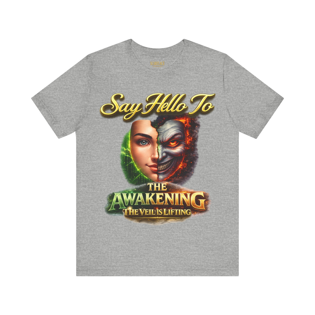Horror Mask Split Face Tee — "Say Hello To Your Family and Friends" Graphic T-Shirt Printify