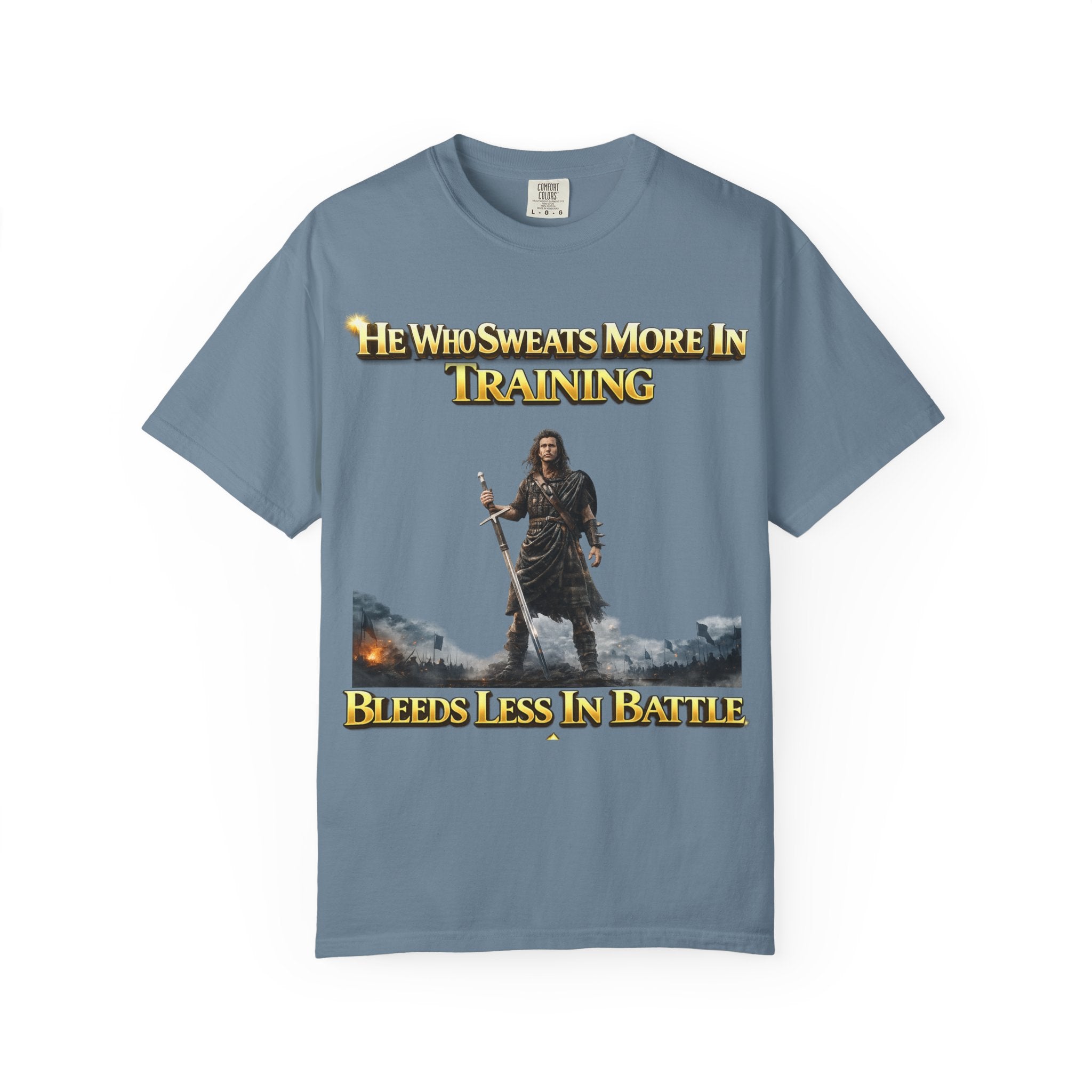 Training Warrior T-Shirt — "He Who Sweats More in Training Bleeds Less in Battle" Printify