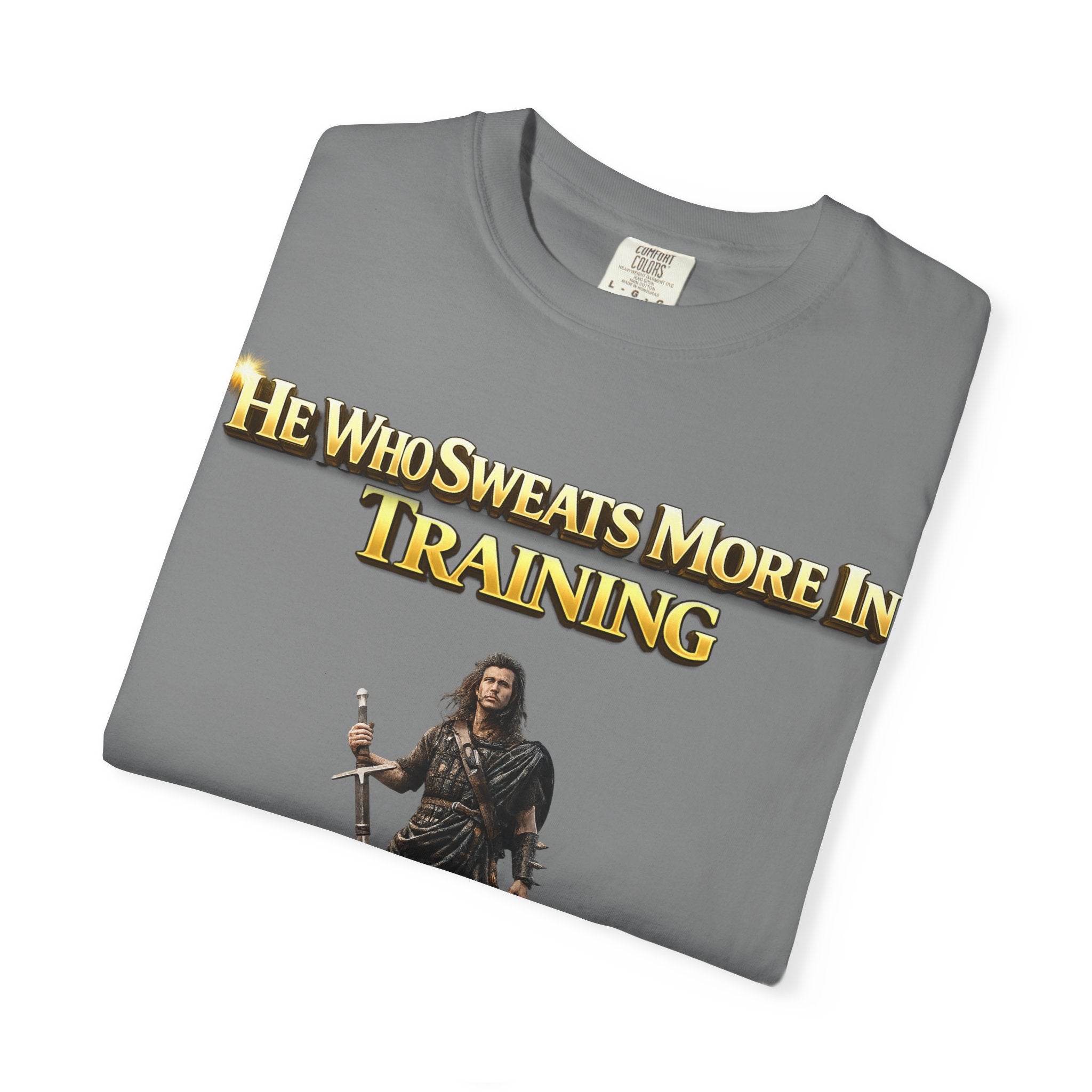 Training Warrior T-Shirt — "He Who Sweats More in Training Bleeds Less in Battle" Printify