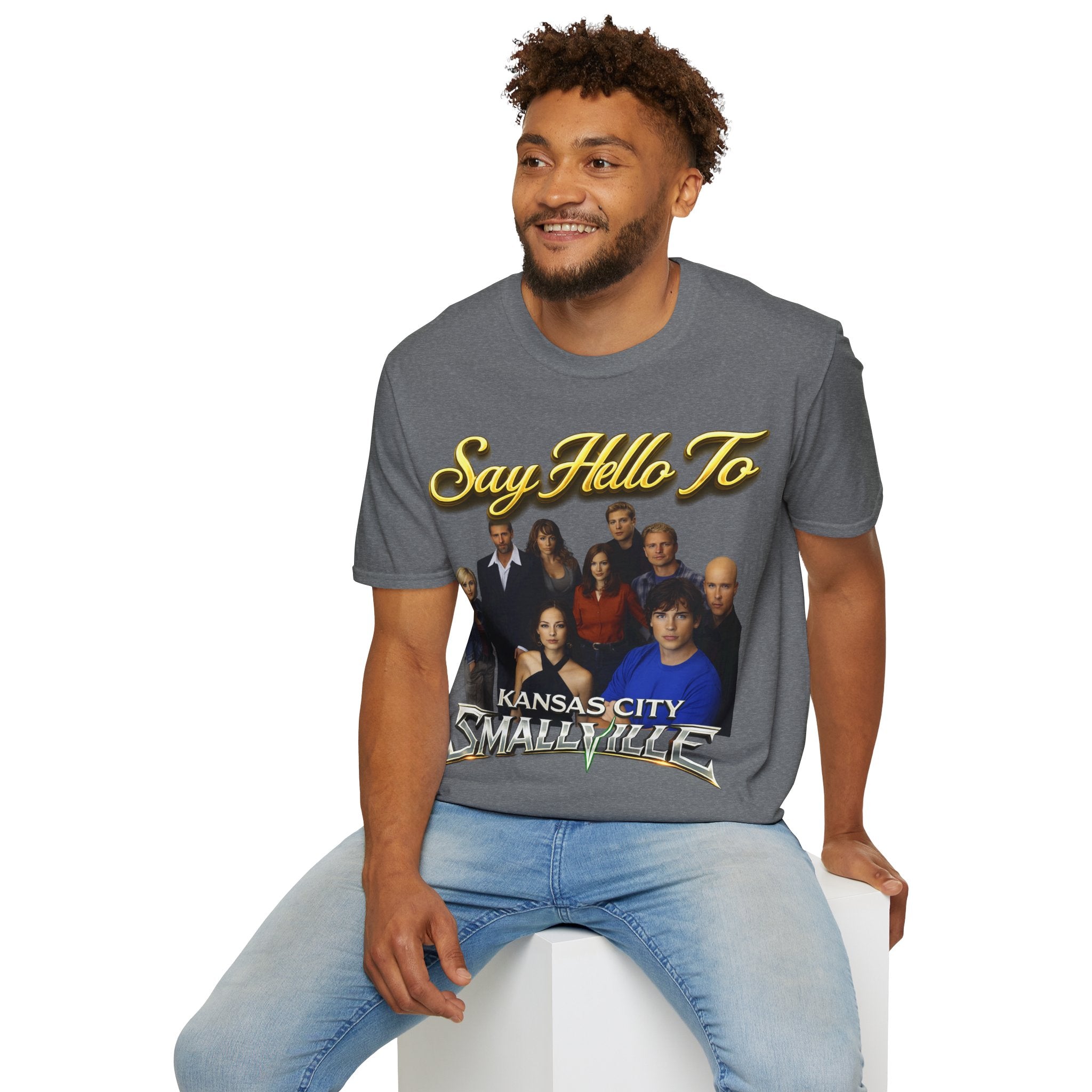 Smallville Cast T-Shirt – "Say Hello To" Kansas City Retro TV Logo Printify