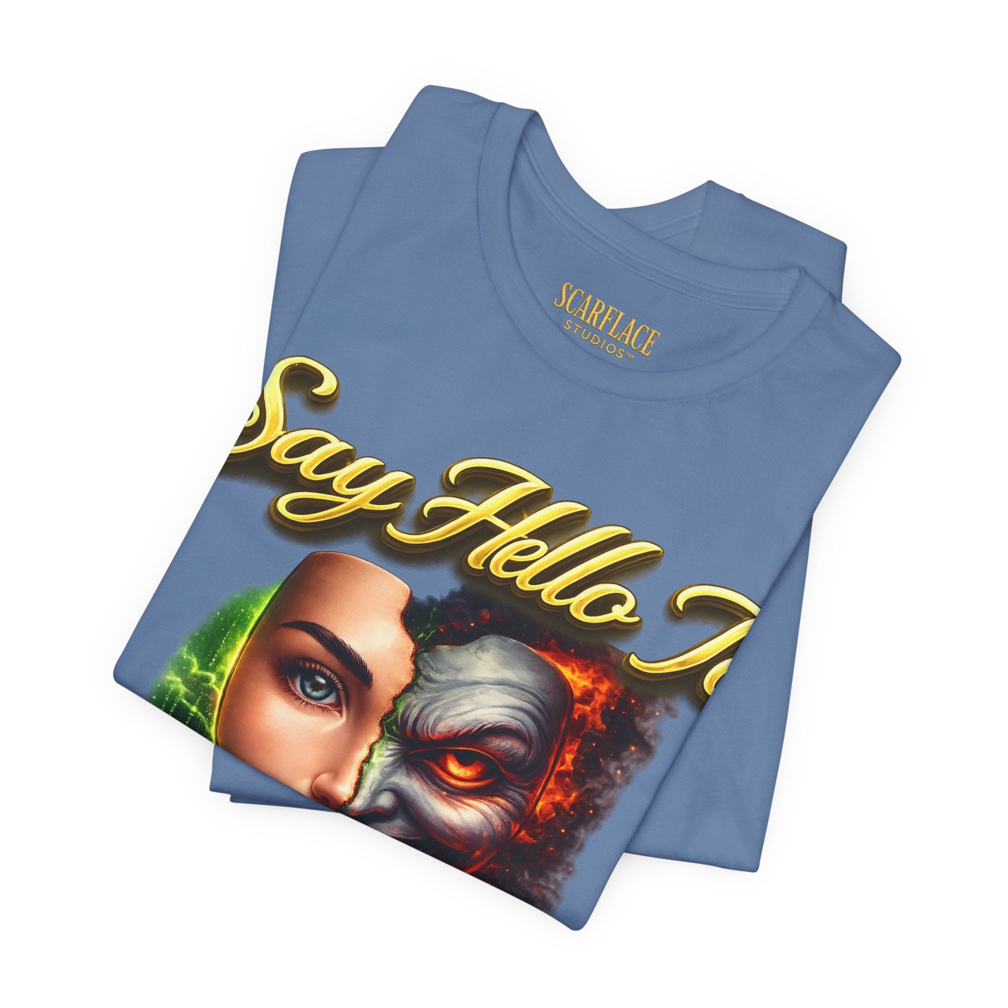 Horror Mask Split Face Tee — "Say Hello To Your Family and Friends" Graphic T-Shirt Printify