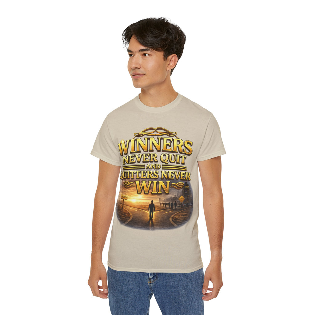 Winners Never Quit Inspirational Tee — Motivational Quote Shirt Printify