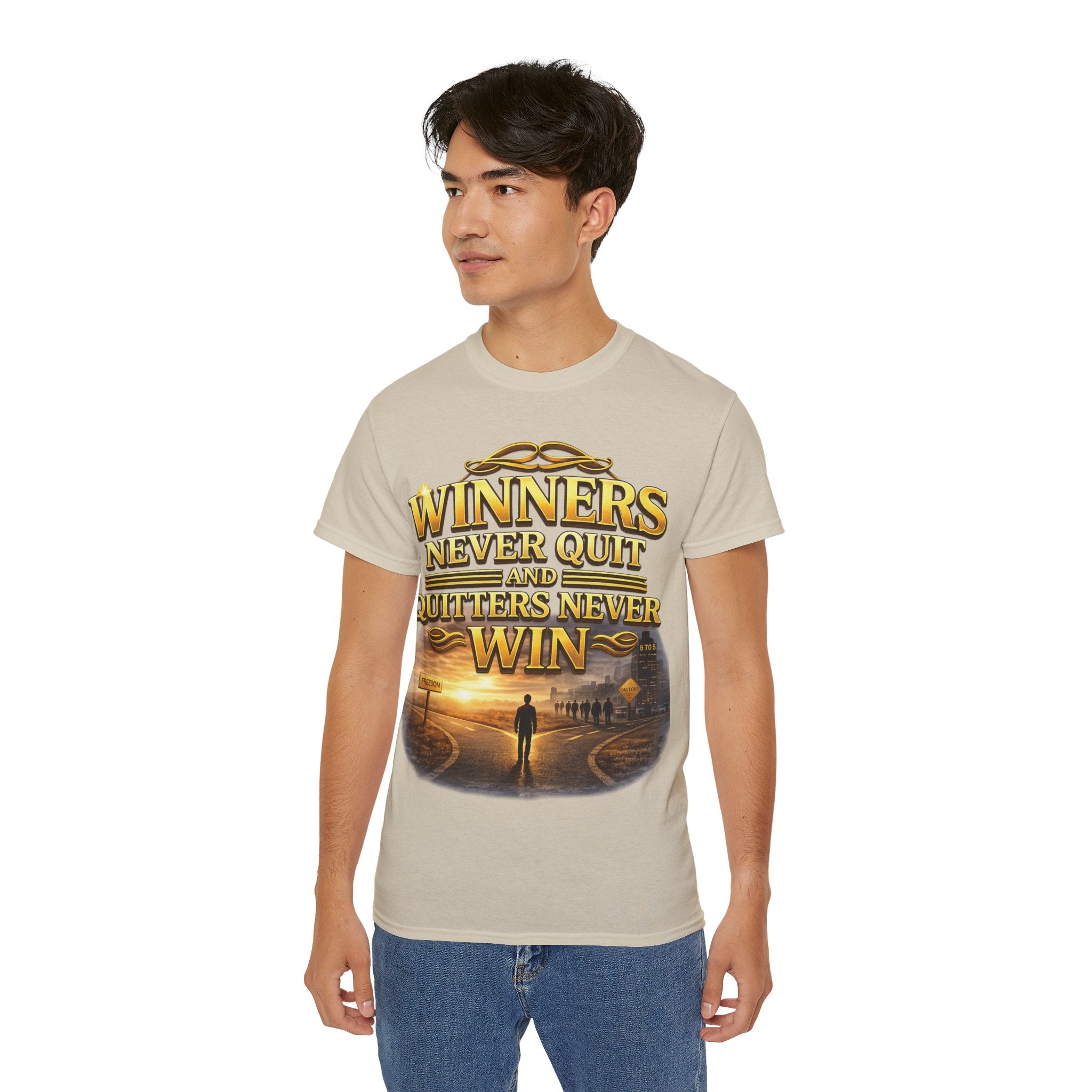 Winners Never Quit Inspirational Tee — Motivational Quote Shirt Printify