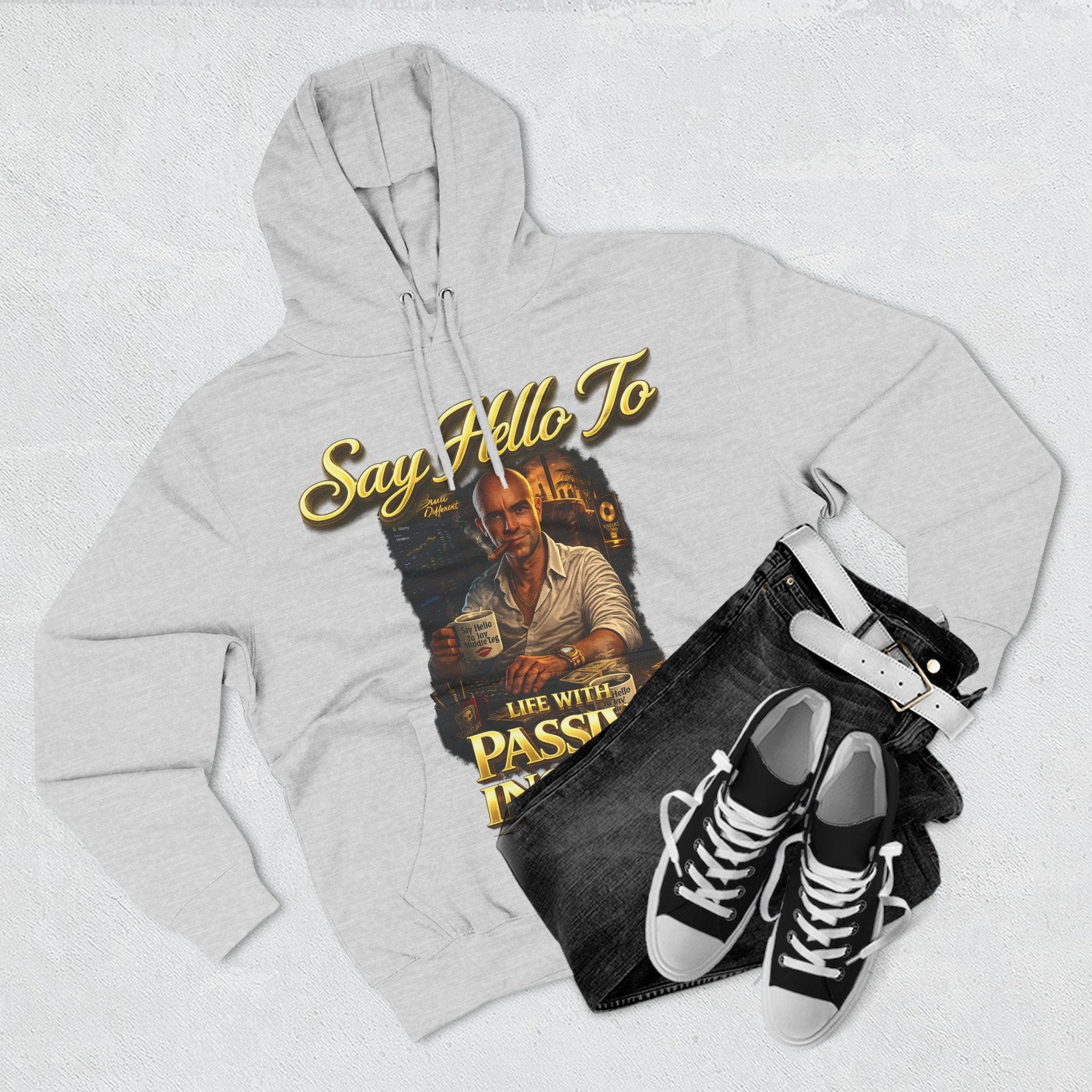Passive Income Hoodie — "Say Hello to Life With Passive Income" Cozy Three-Panel Fleece Pullover Printify
