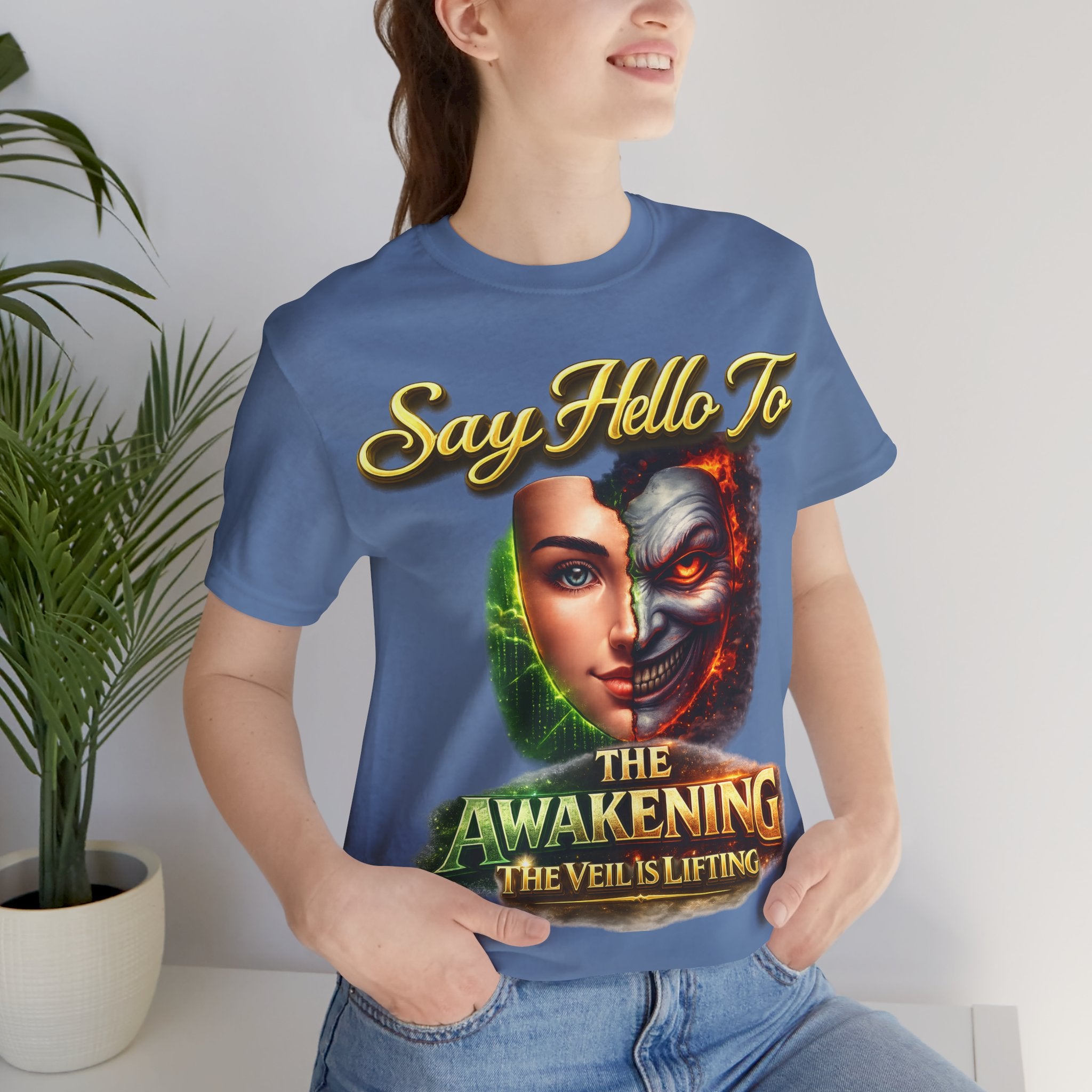 Horror Mask Split Face Tee — "Say Hello To Your Family and Friends" Graphic T-Shirt Printify