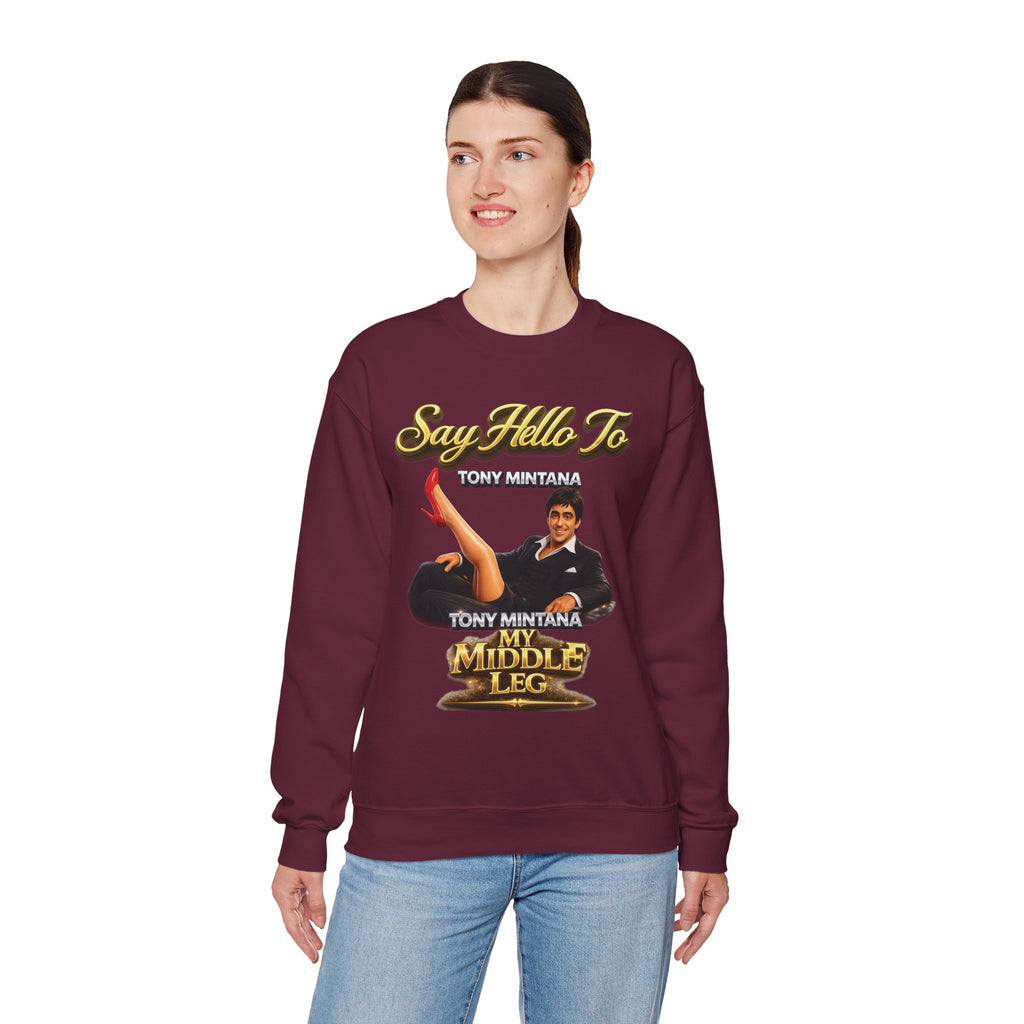 Scarface Parody Crewneck Sweatshirt — "Say Hello to My Middle Leg" Graphic Printify