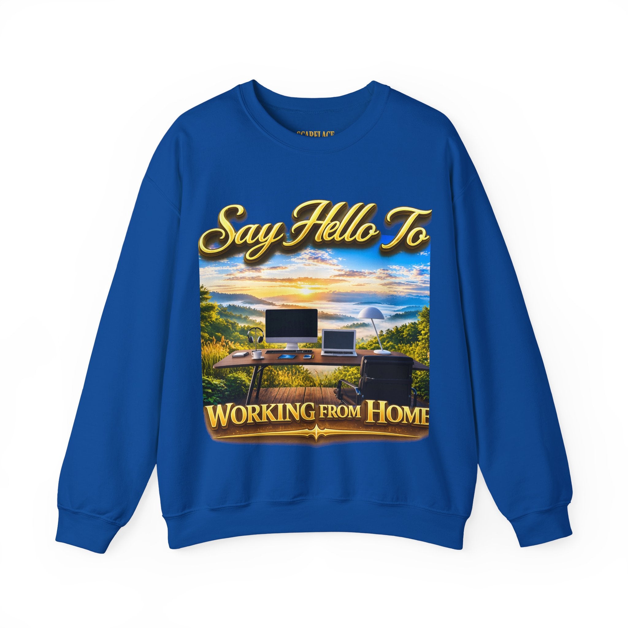Working From Home Sweatshirt – "Say Hello To" Scenic Home Office Crewneck Printify